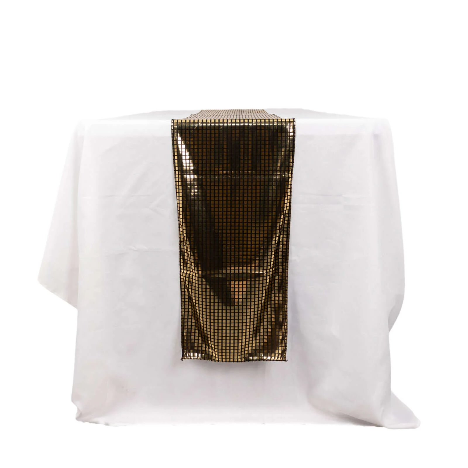 Polyester Table Runner 12"x108" Black with Square Metallic Gold Foil - Shiny Disco Theme Party Table Decor - Image 8