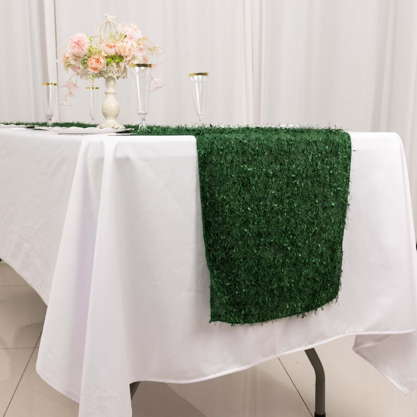 Polyester Table Runner 12"x108" Green with Fringe Shag Design Linen - Image 5