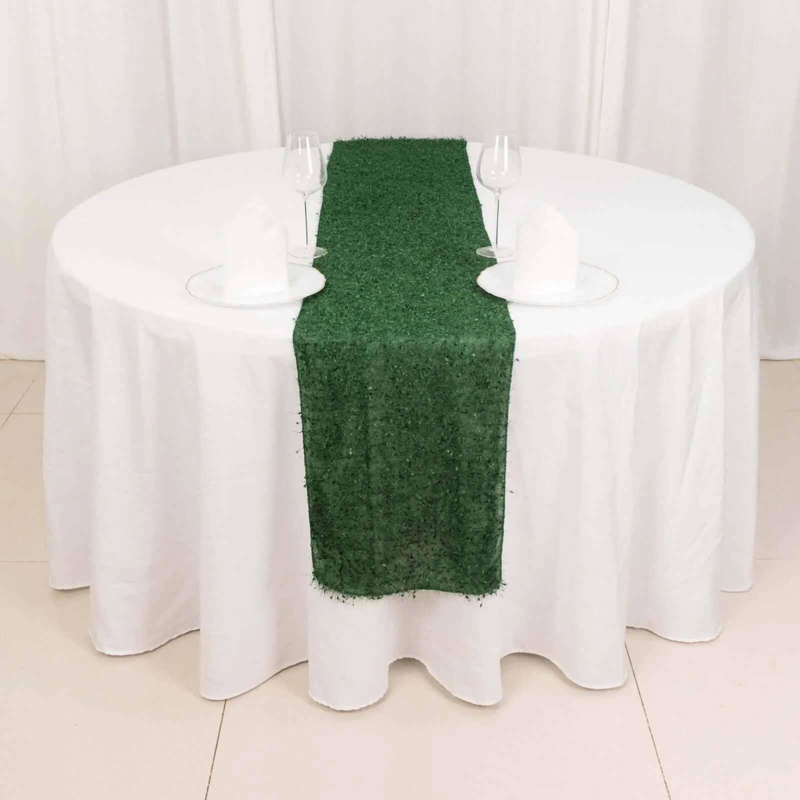 Polyester Table Runner 12"x108" Green with Fringe Shag Design Linen - Image 6