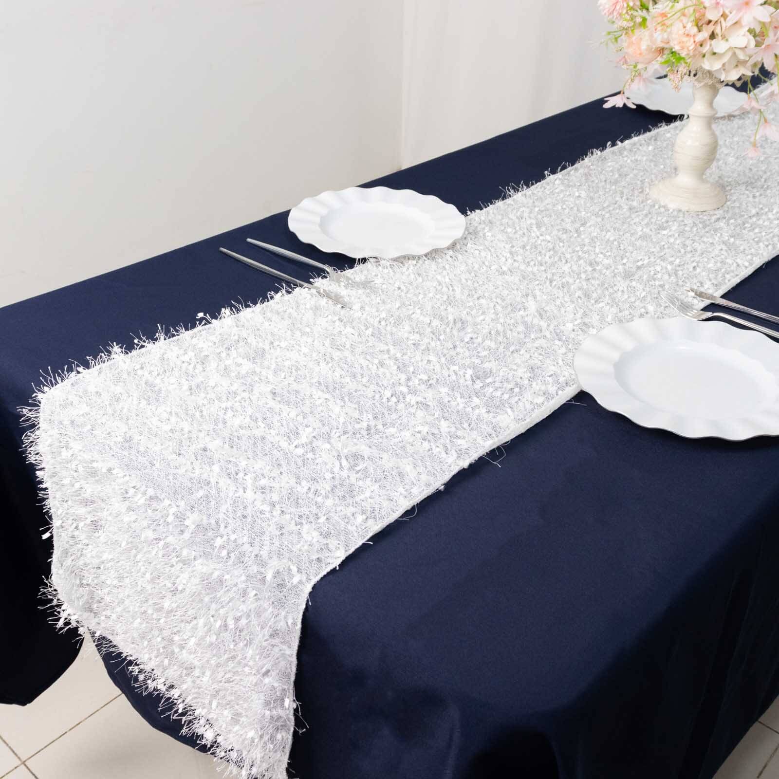 Polyester Table Runner 12"x108" White with Fringe Shag Design - Bold Decor for Parties and Gatherings