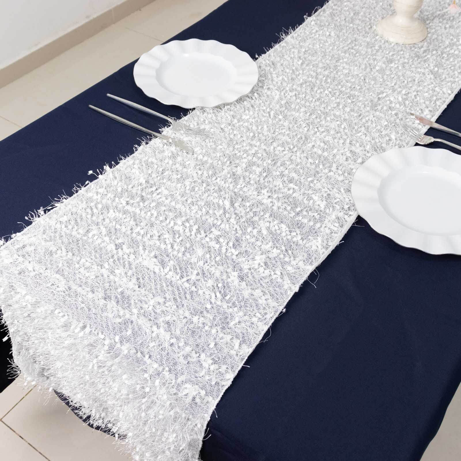 Polyester Table Runner 12"x108" White with Fringe Shag Design - Bold Decor for Parties and Gatherings - Image 2