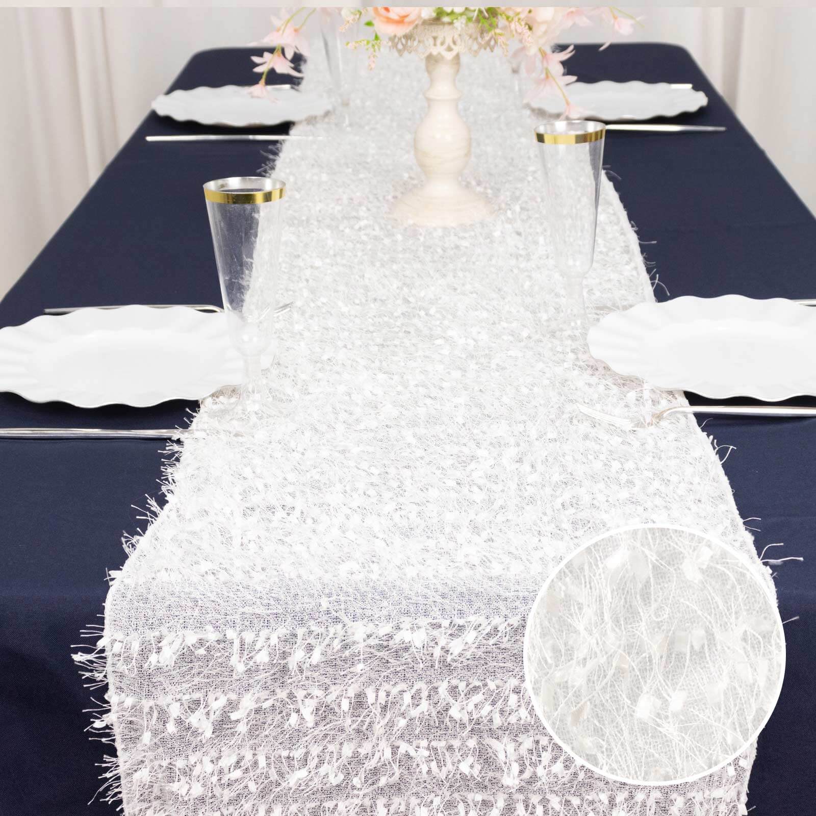 Polyester Table Runner 12"x108" White with Fringe Shag Design - Bold Decor for Parties and Gatherings - Image 6