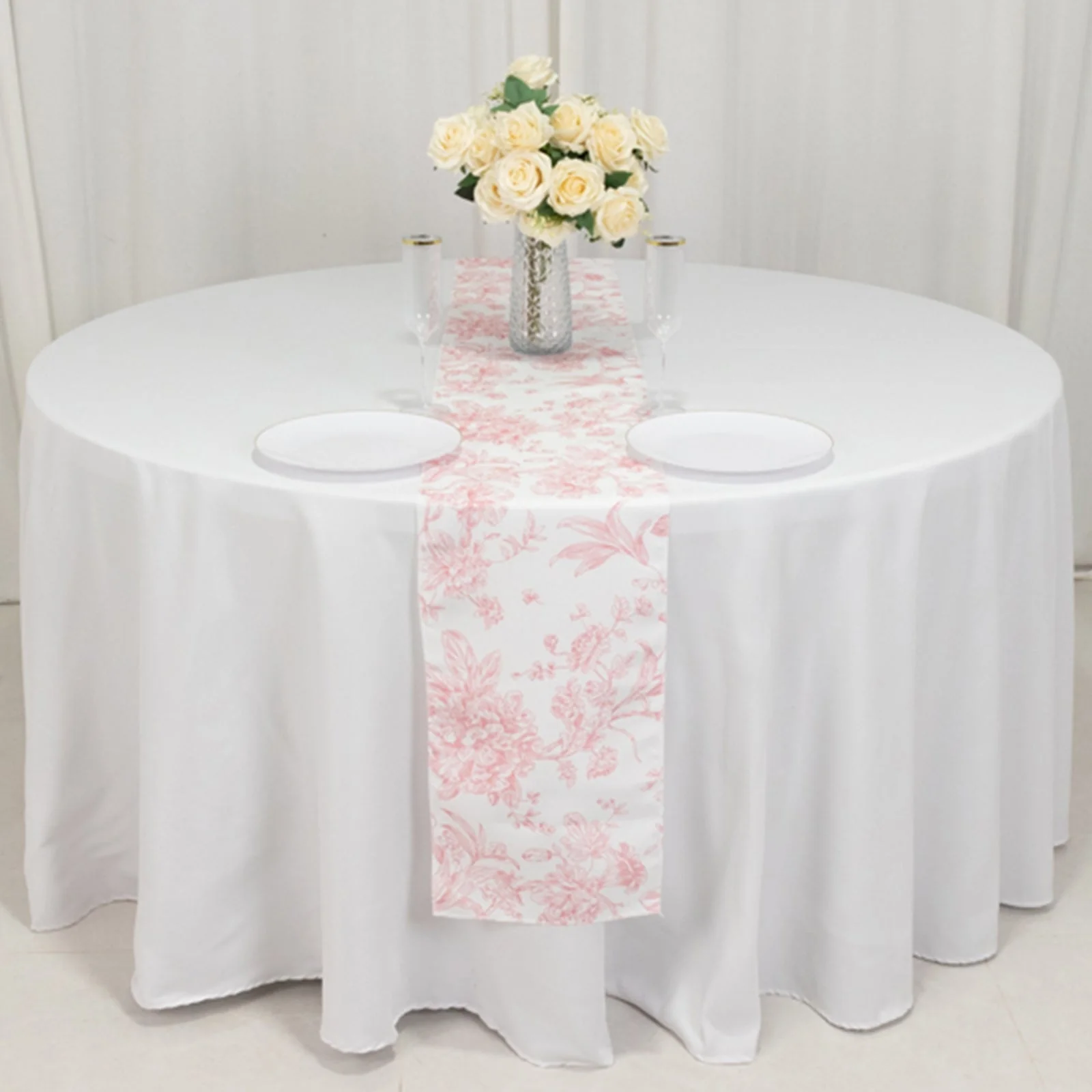 Polyester Table Runner 12"x108" White with Pink French Toile Floral Print - Exquisite Reusable Table Décor - Image 6