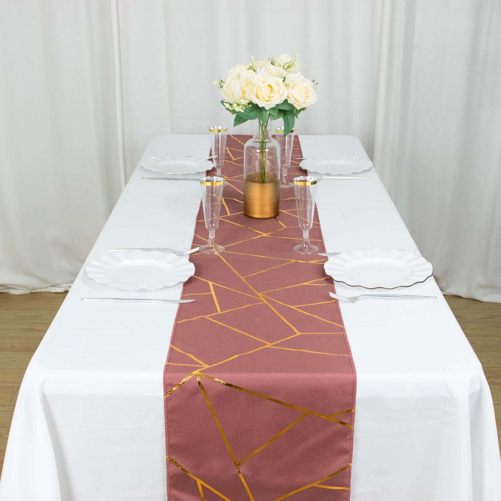 Polyester Table Runner 9ft Cinnamon Rose - Gold Foil Geometric Pattern - Image 2