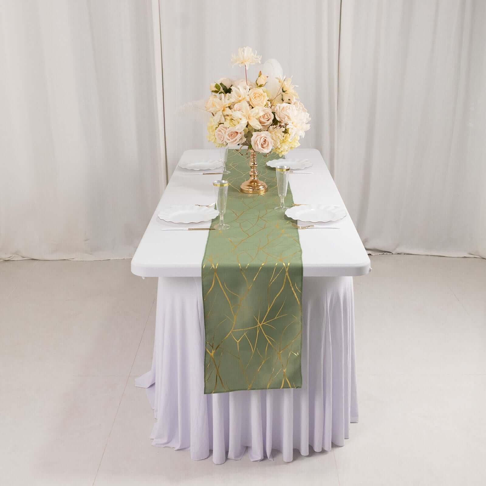 Polyester Table Runner 9ft Dusty Sage Green with Gold Foil Tree Branch Pattern - Stylish Table Decor - Image 2