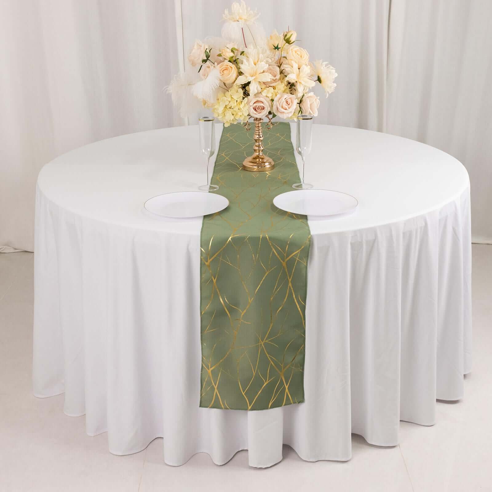 Polyester Table Runner 9ft Dusty Sage Green with Gold Foil Tree Branch Pattern - Stylish Table Decor - Image 4