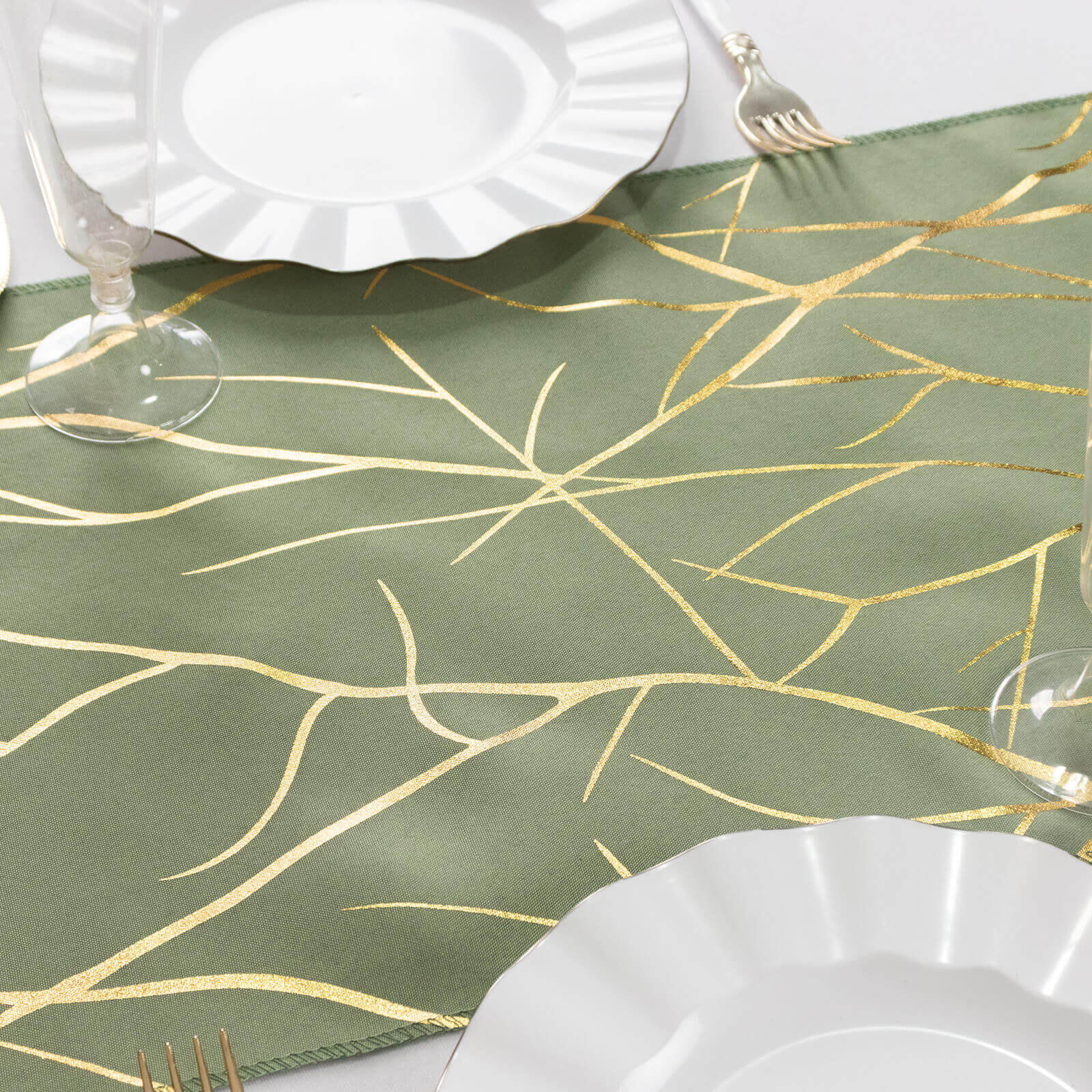 Polyester Table Runner 9ft Dusty Sage Green with Gold Foil Tree Branch Pattern - Stylish Table Decor - Image 6