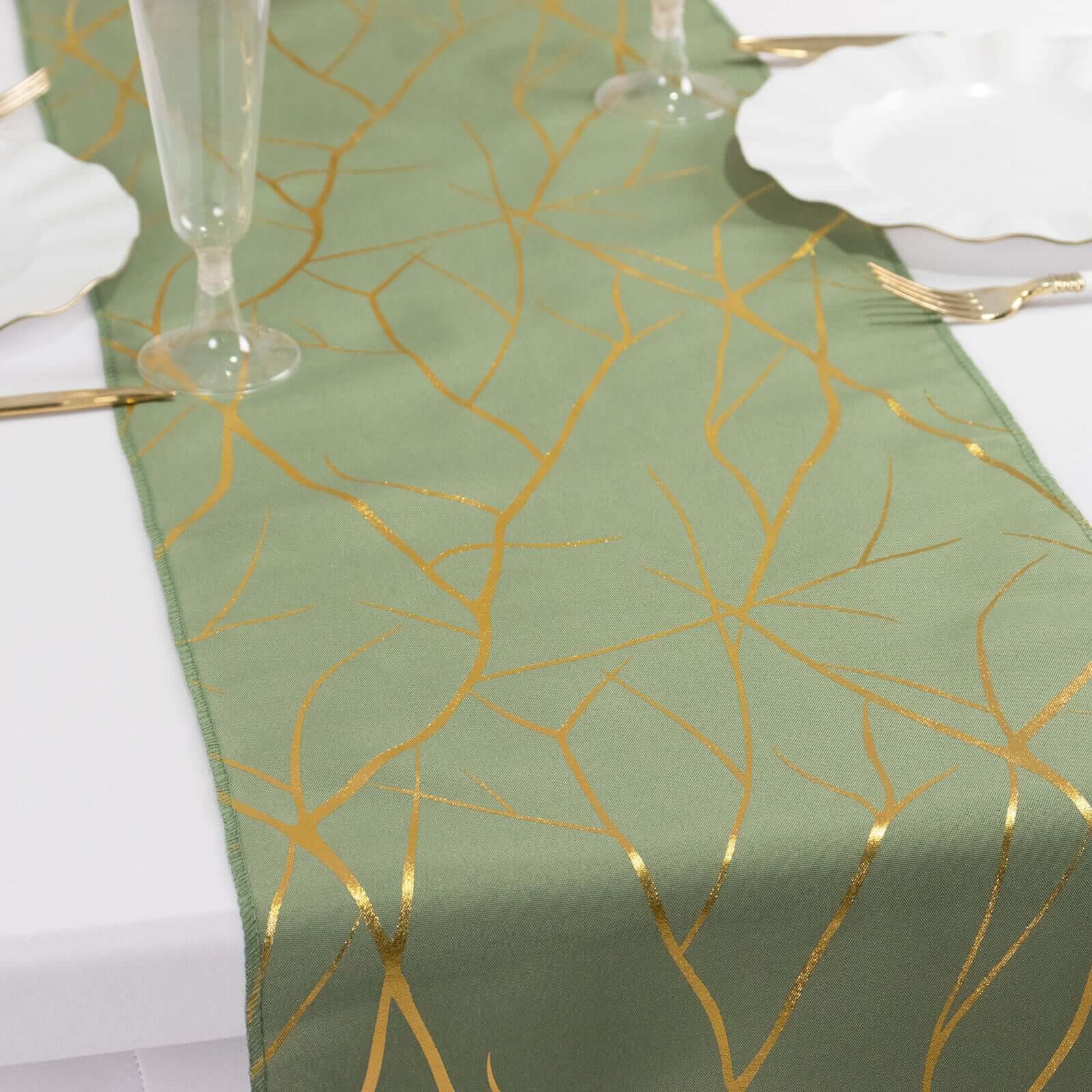 Polyester Table Runner 9ft Dusty Sage Green with Gold Foil Tree Branch Pattern - Stylish Table Decor - Image 8