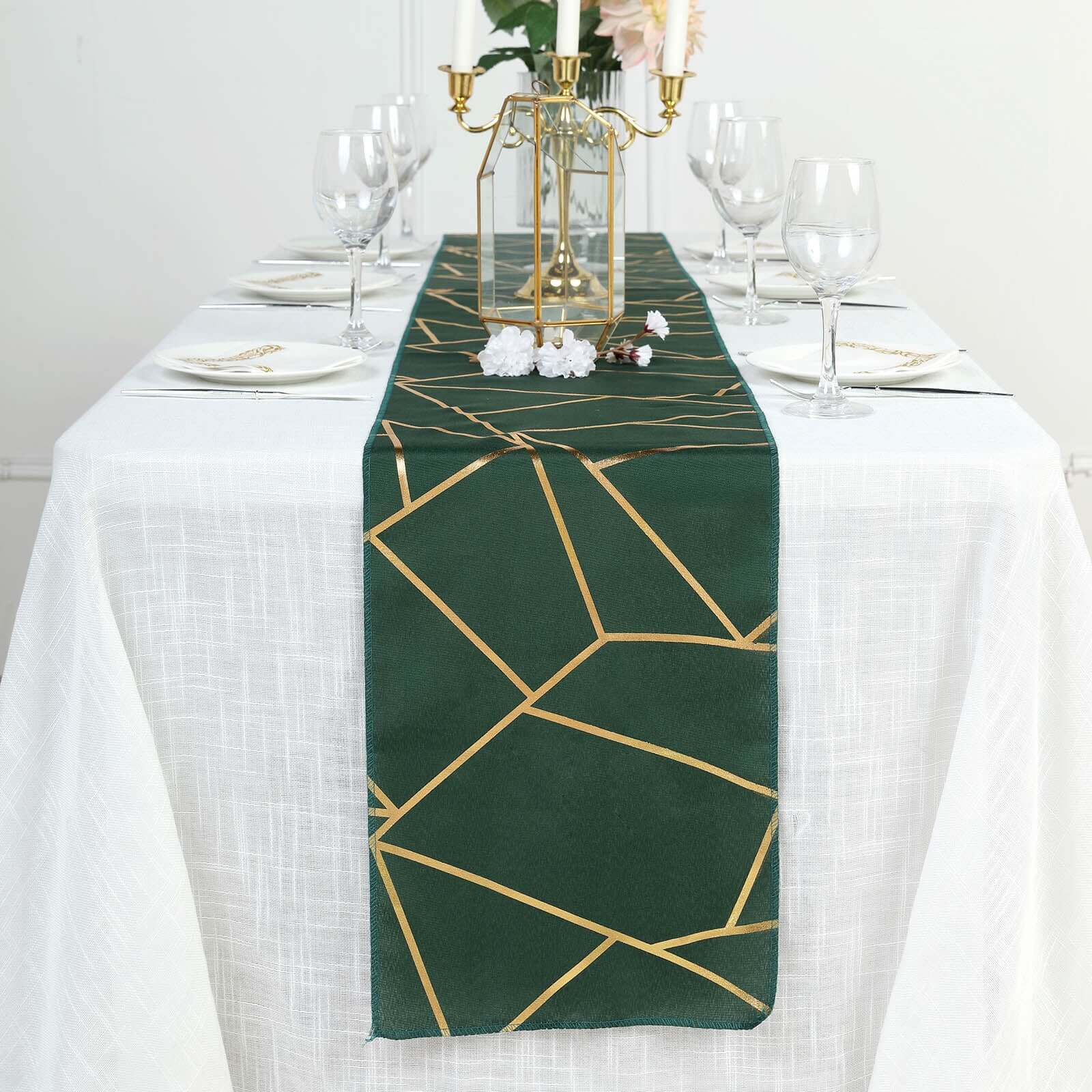Polyester Table Runner 9ft Hunter Emerald Green with Gold Foil Geometric Pattern