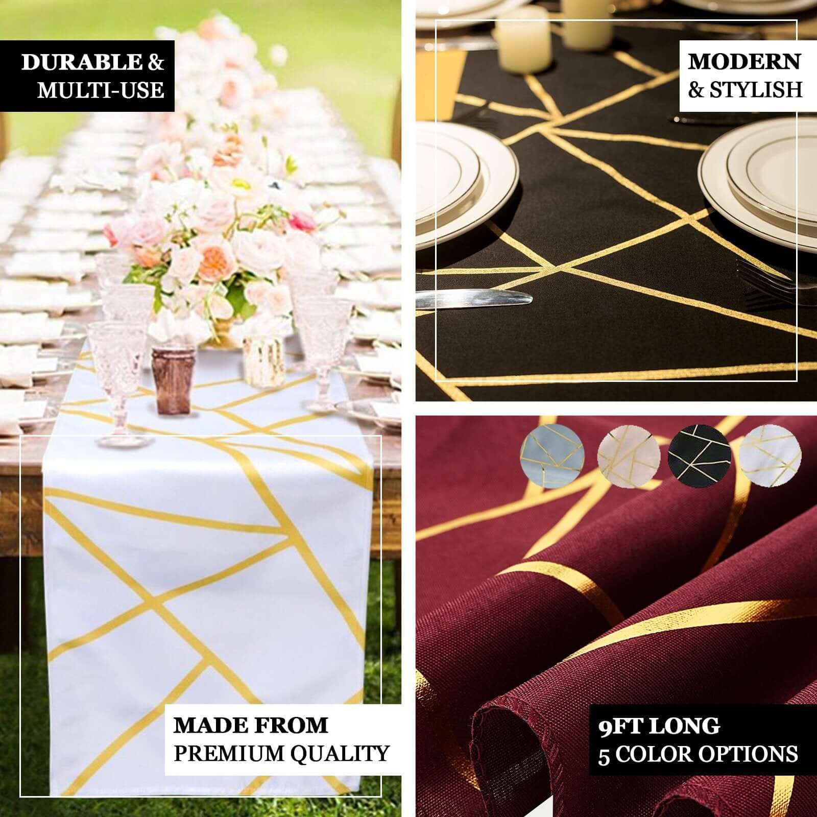 Polyester Table Runner 9ft Hunter Emerald Green with Gold Foil Geometric Pattern - Image 4