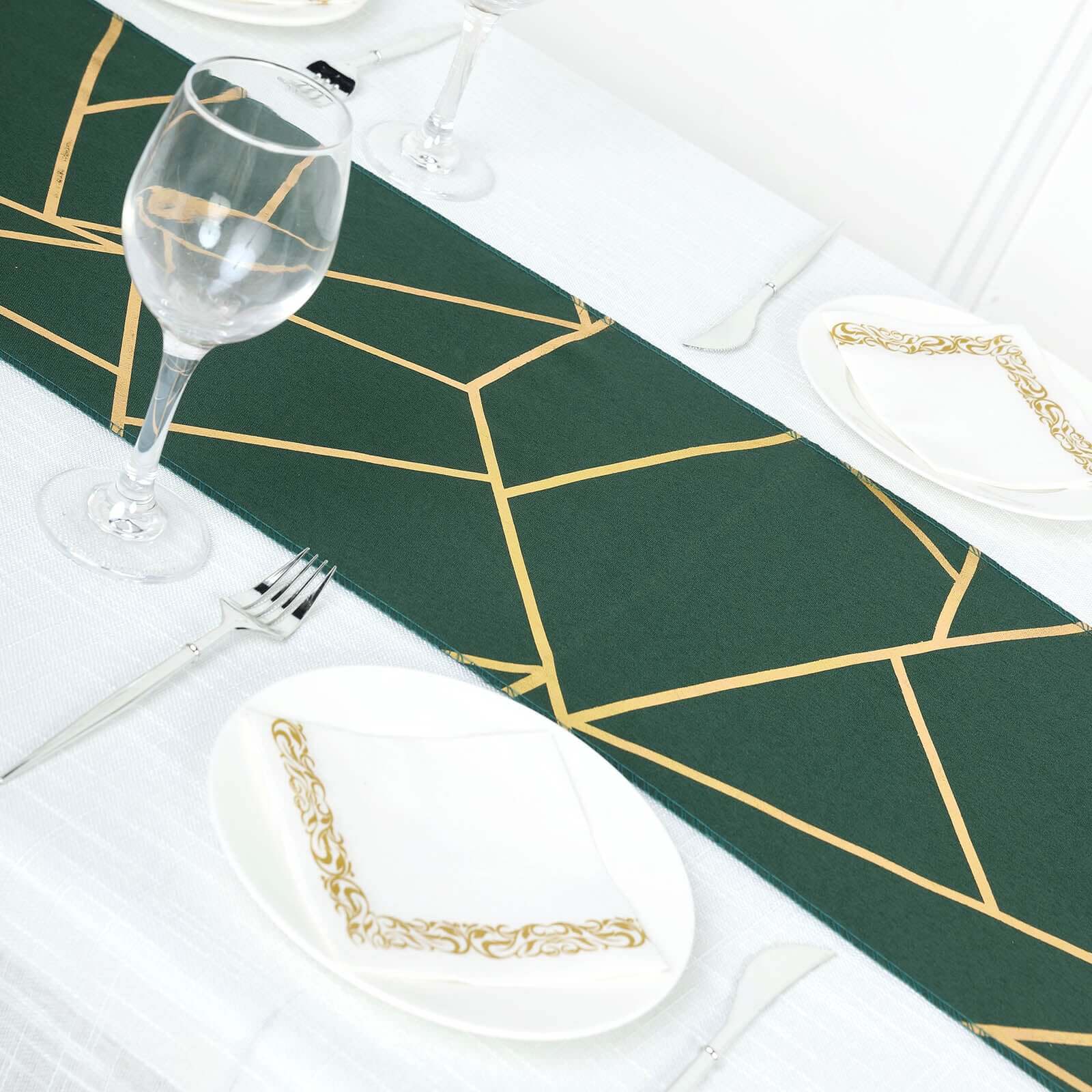 Polyester Table Runner 9ft Hunter Emerald Green with Gold Foil Geometric Pattern - Image 6