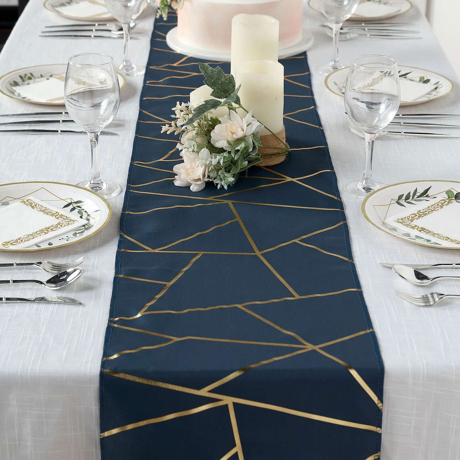 Polyester Table Runner 9ft Navy Blue with Gold Foil Geometric Pattern