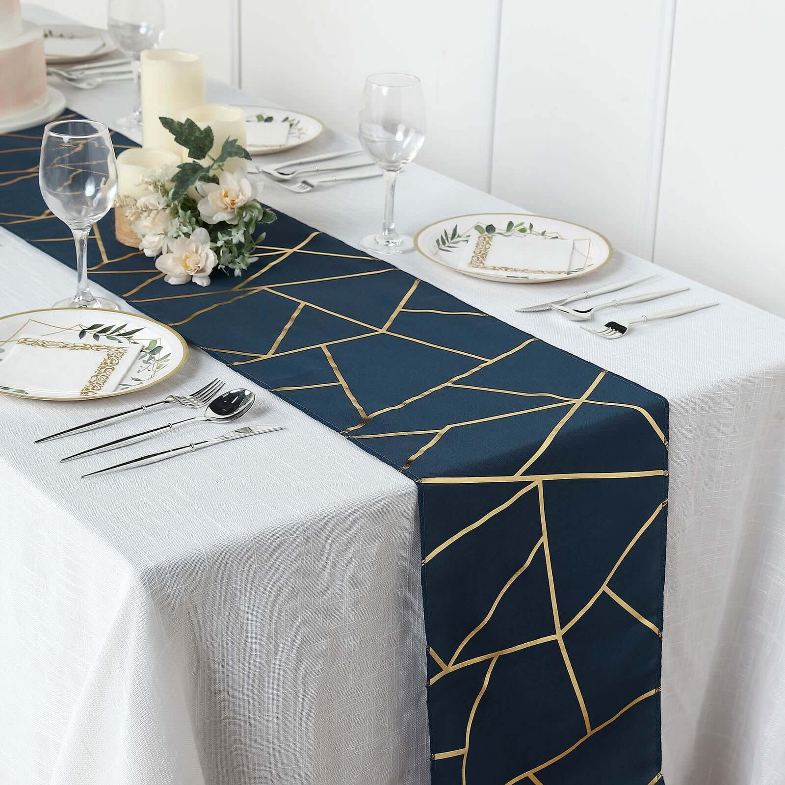Polyester Table Runner 9ft Navy Blue with Gold Foil Geometric Pattern - Image 2