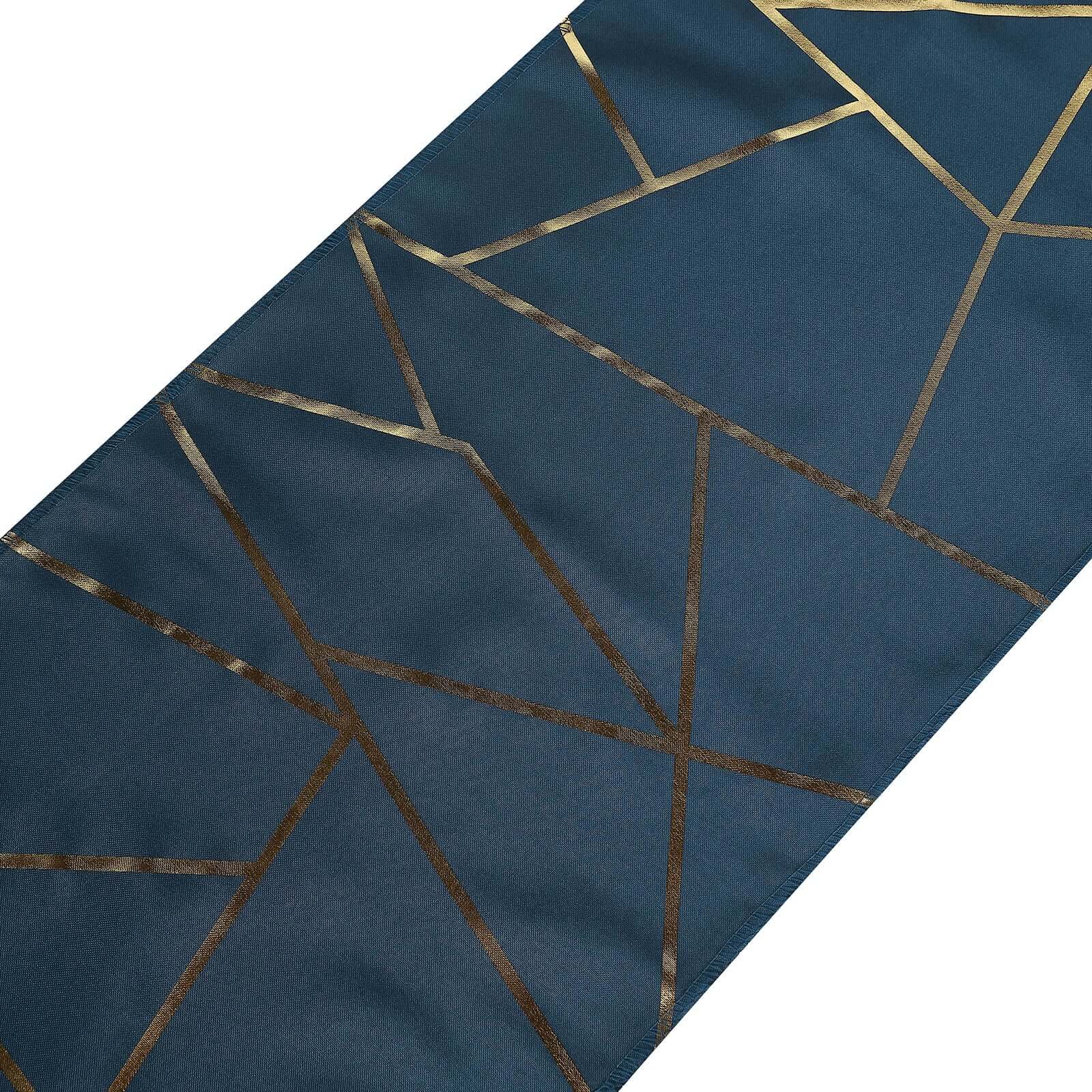 Polyester Table Runner 9ft Navy Blue with Gold Foil Geometric Pattern - Image 3