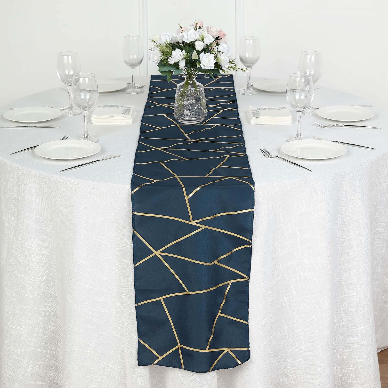 Polyester Table Runner 9ft Navy Blue with Gold Foil Geometric Pattern - Image 6