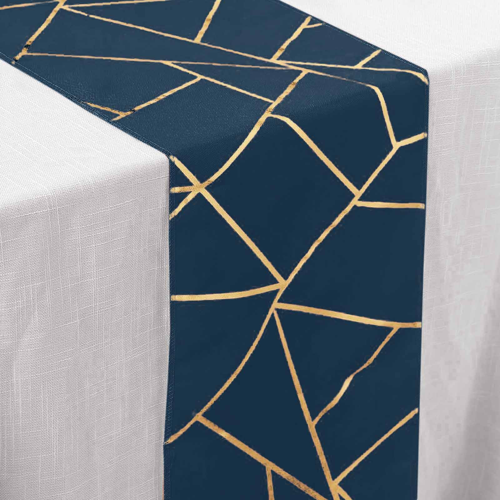 Polyester Table Runner 9ft Navy Blue with Gold Foil Geometric Pattern - Image 7