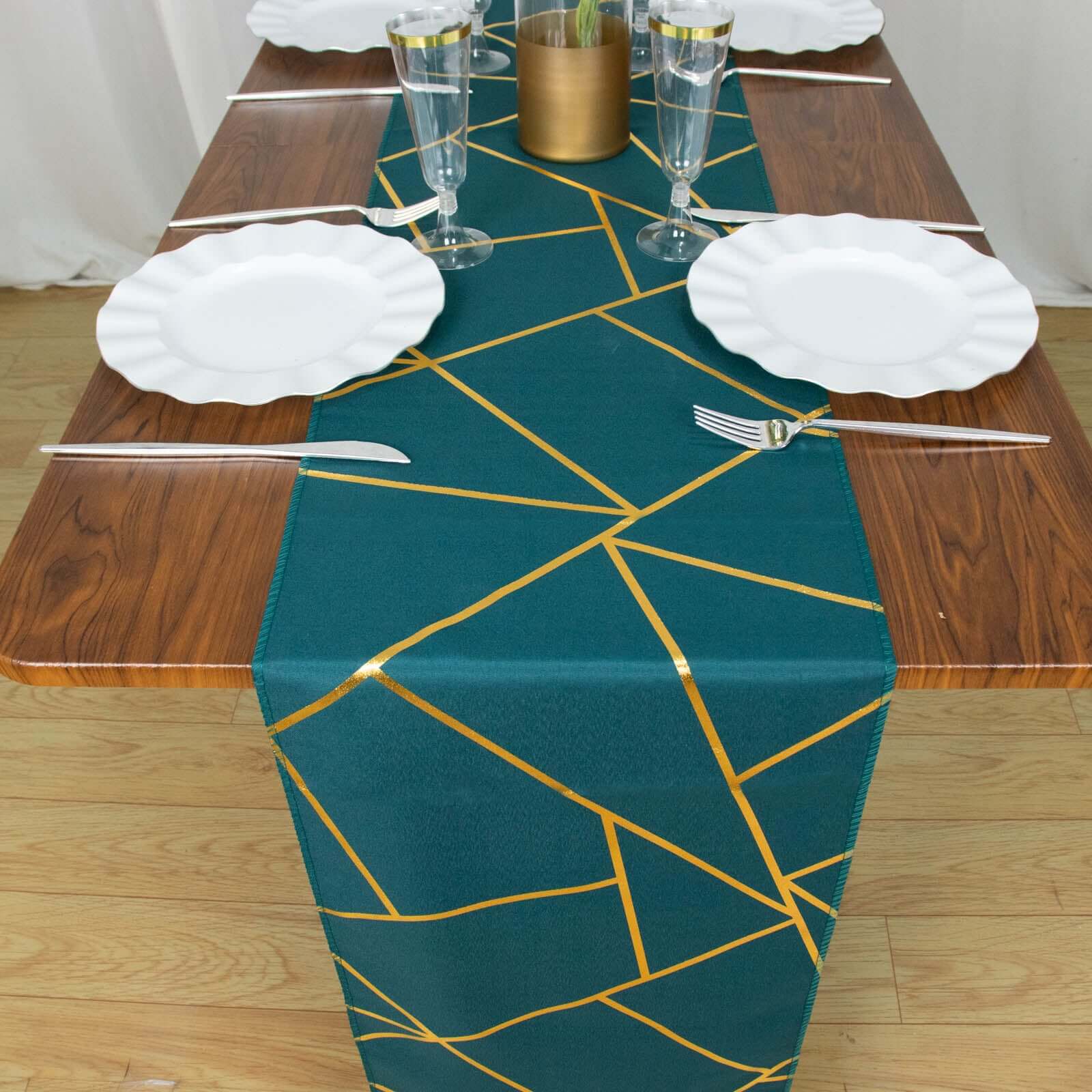 Polyester Table Runner 9ft Peacock Teal - Gold Foil Geometric Pattern - Image 11