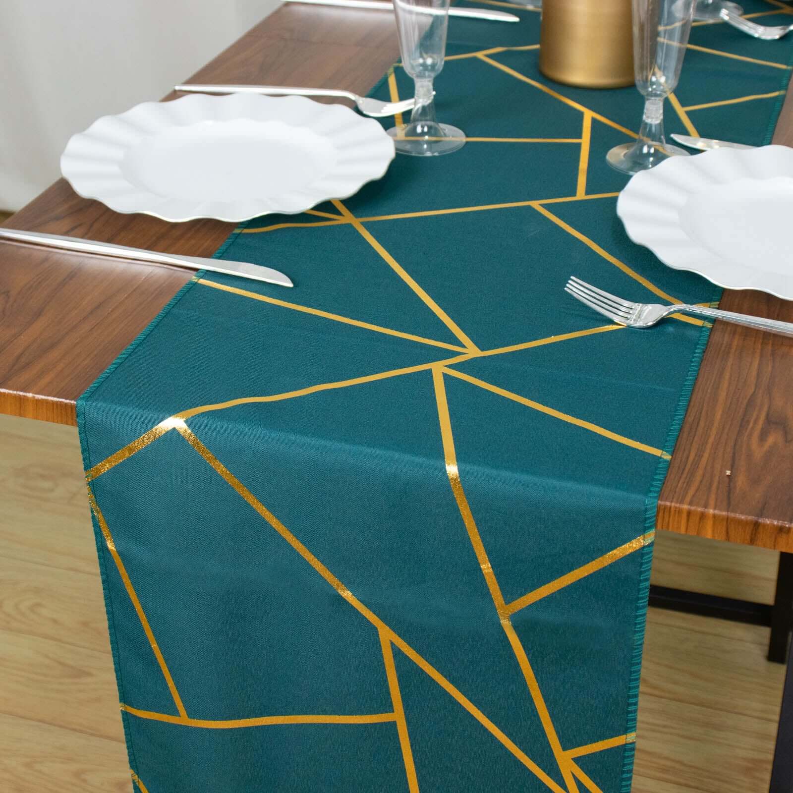 Polyester Table Runner 9ft Peacock Teal - Gold Foil Geometric Pattern - Image 12