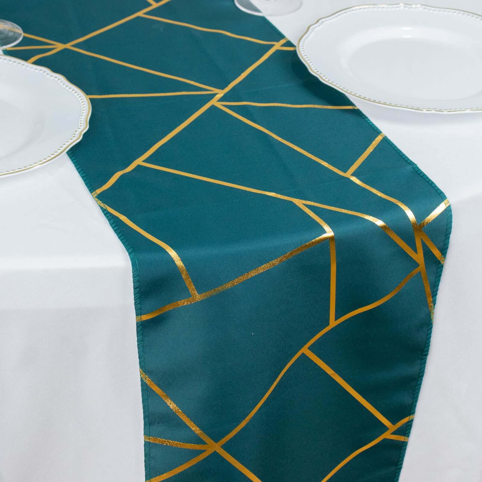 Polyester Table Runner 9ft Peacock Teal - Gold Foil Geometric Pattern - Image 13