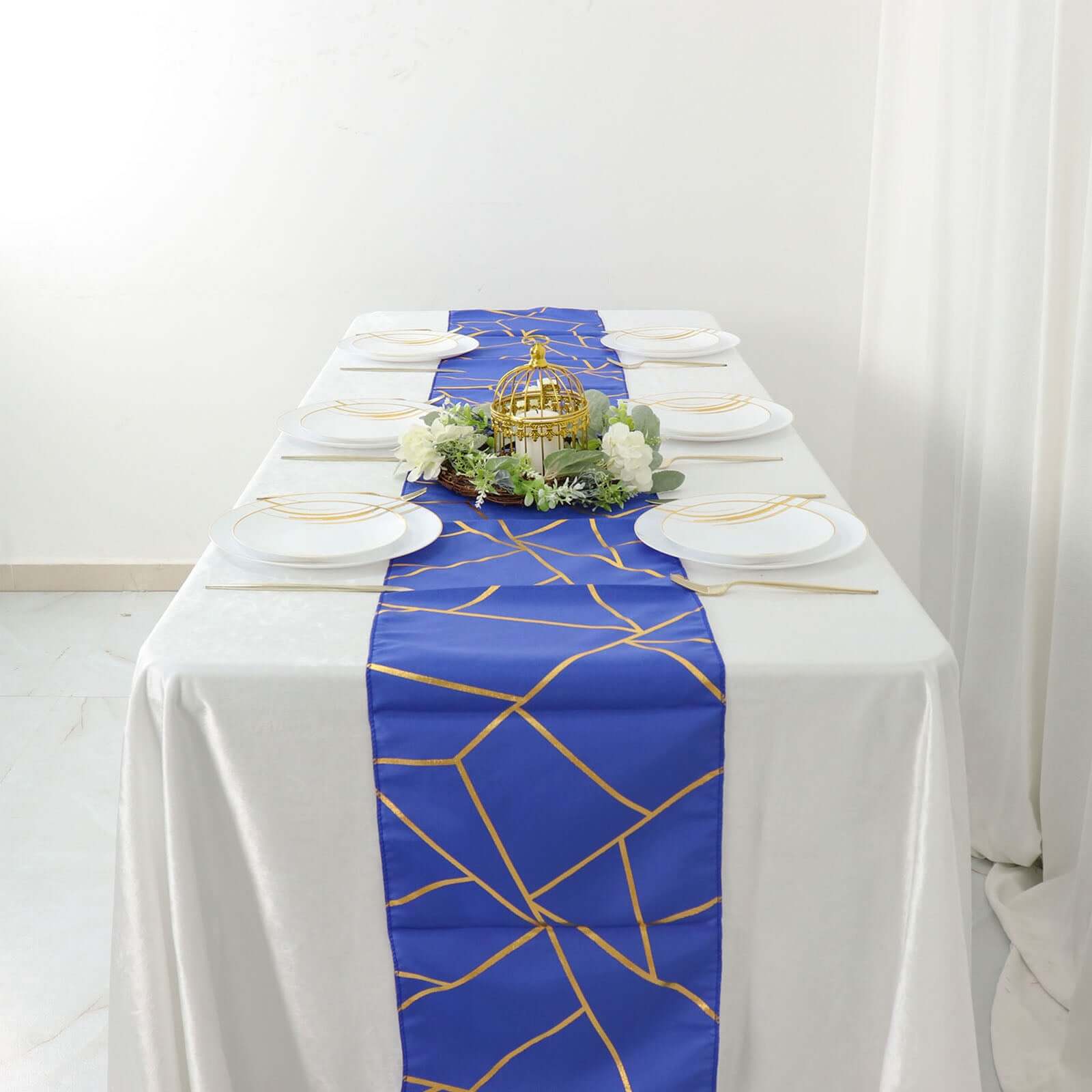 Polyester Table Runner 9ft Royal Blue - Gold Foil Geometric Pattern