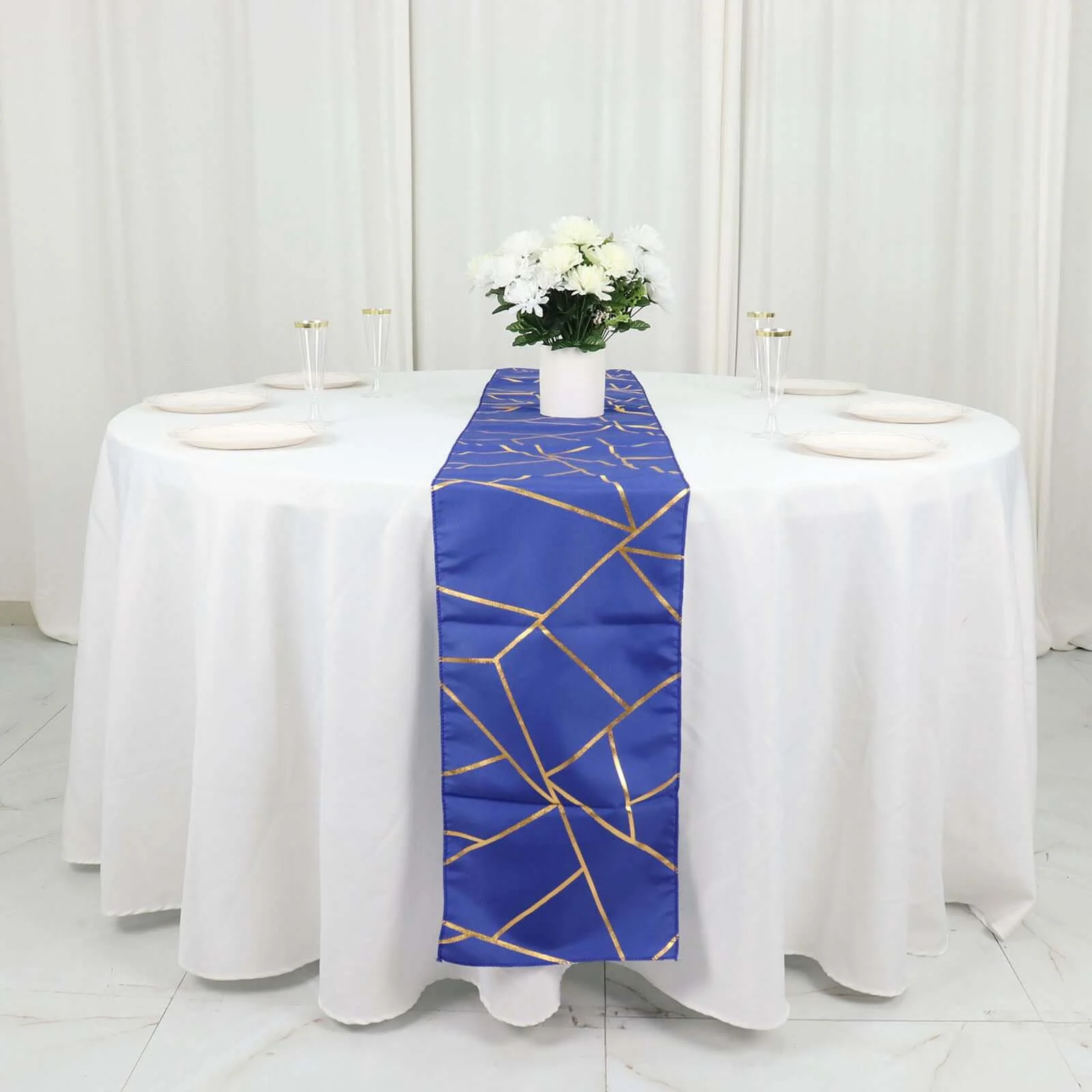 Polyester Table Runner 9ft Royal Blue - Gold Foil Geometric Pattern - Image 6