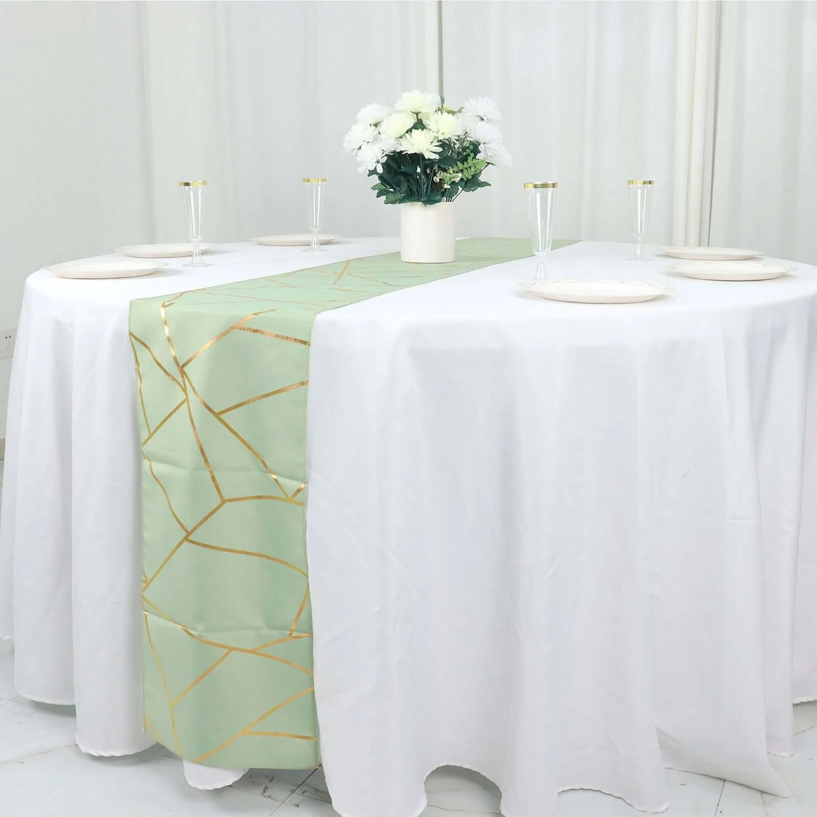 Polyester Table Runner 9ft Sage Green - Gold Foil Geometric Pattern - Image 10