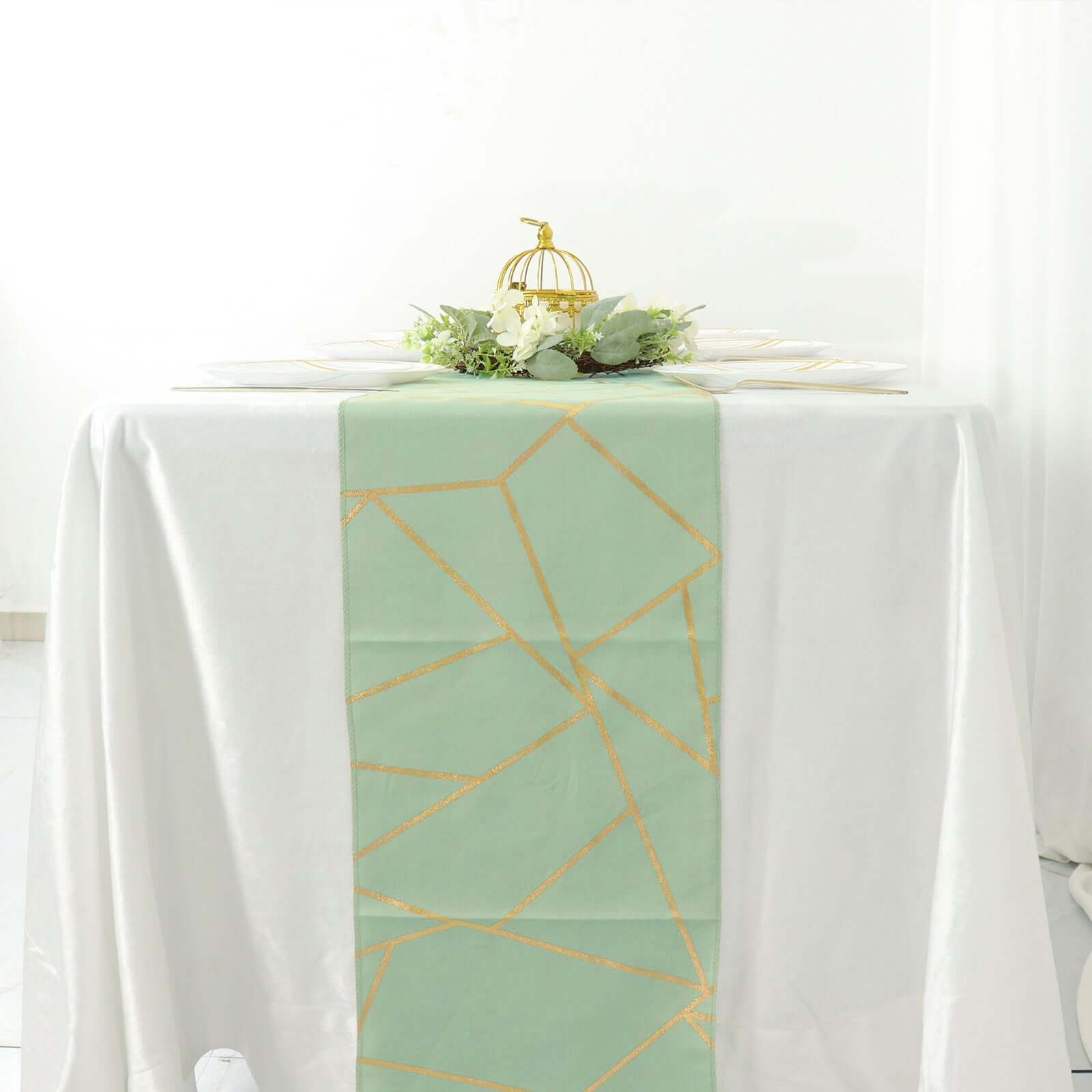 Polyester Table Runner 9ft Sage Green - Gold Foil Geometric Pattern - Image 2