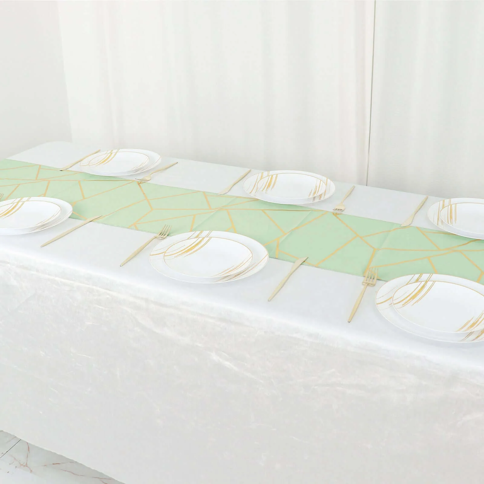 Polyester Table Runner 9ft Sage Green - Gold Foil Geometric Pattern - Image 6