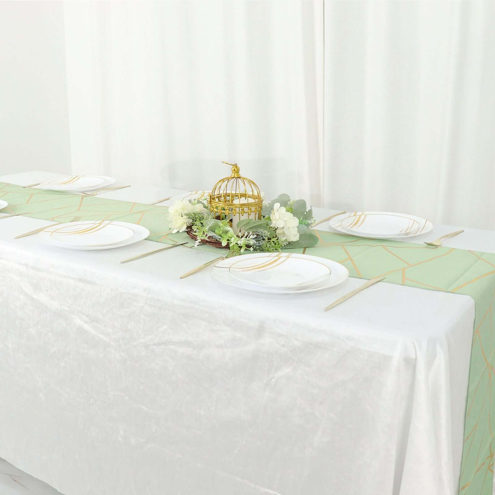Polyester Table Runner 9ft Sage Green - Gold Foil Geometric Pattern - Image 7