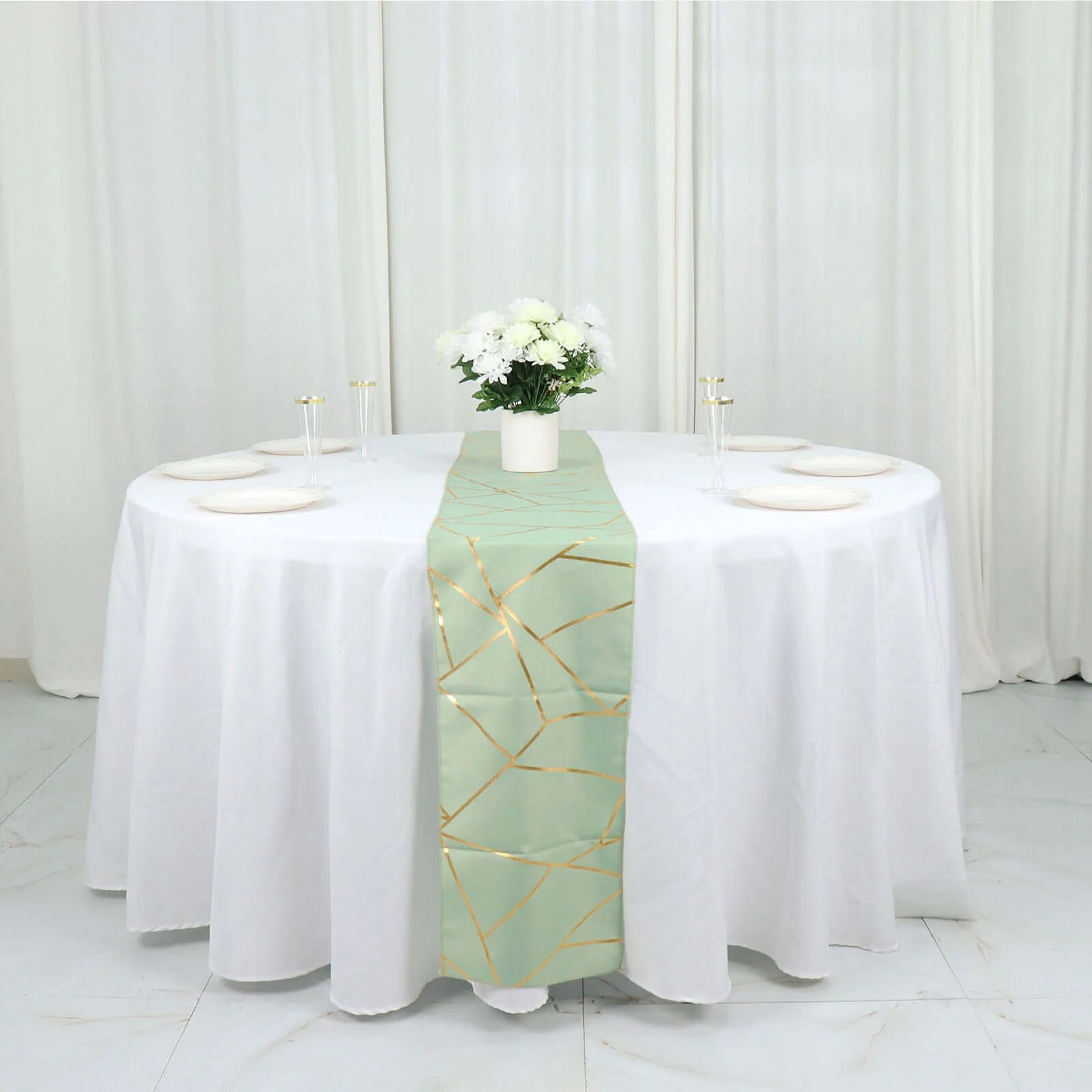 Polyester Table Runner 9ft Sage Green - Gold Foil Geometric Pattern - Image 8