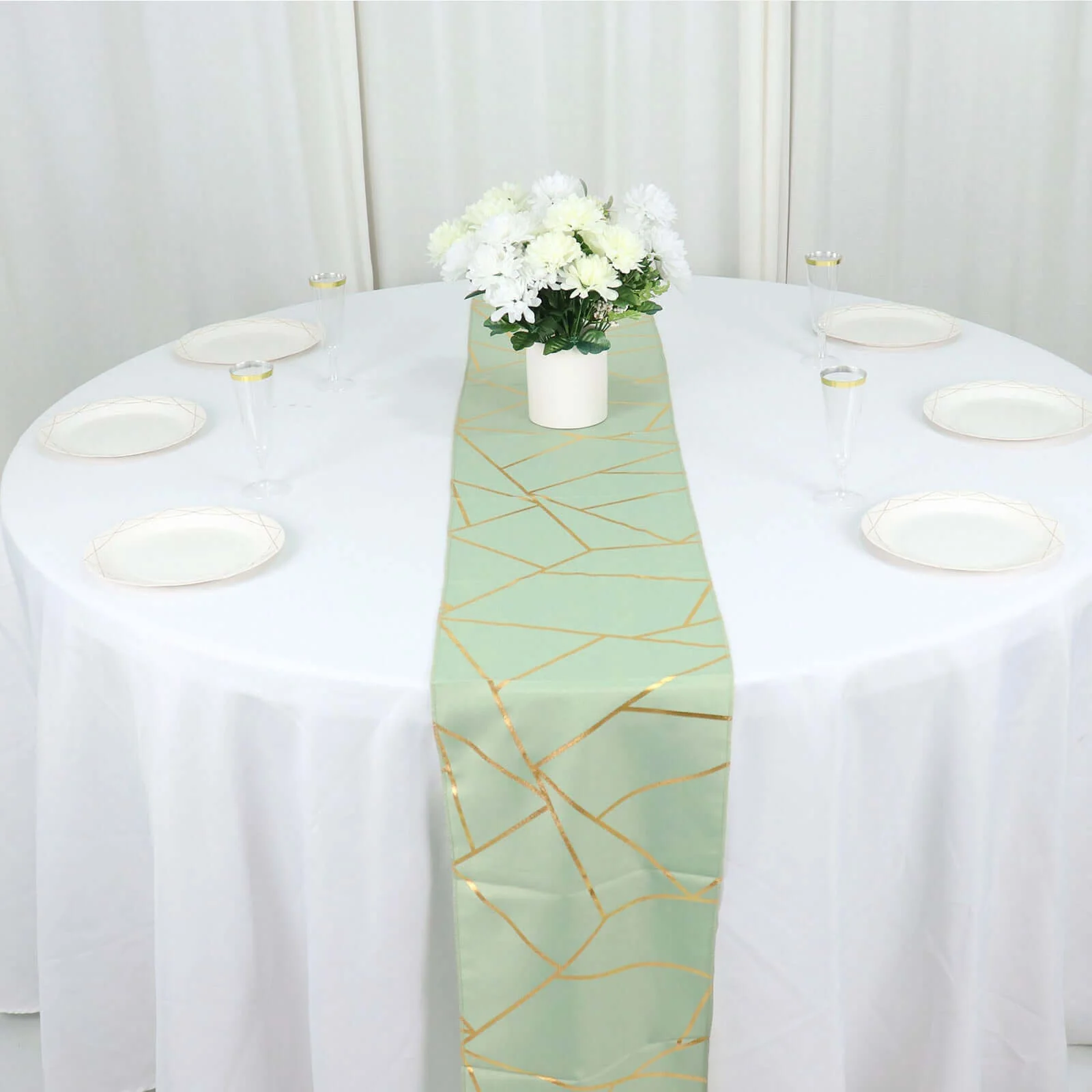 Polyester Table Runner 9ft Sage Green - Gold Foil Geometric Pattern - Image 9