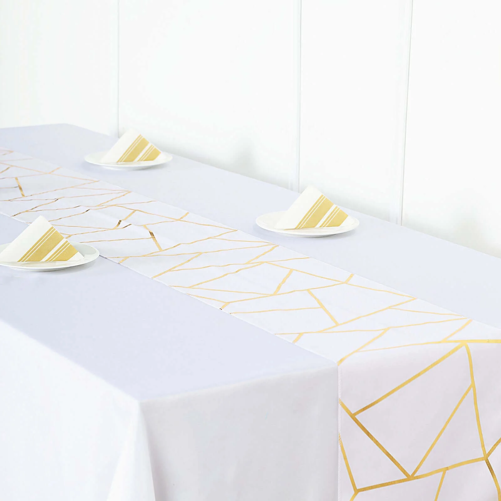 Polyester Table Runner 9ft White with Gold Foil Geometric Pattern - Modern & Stylish Table Decor - Image 3