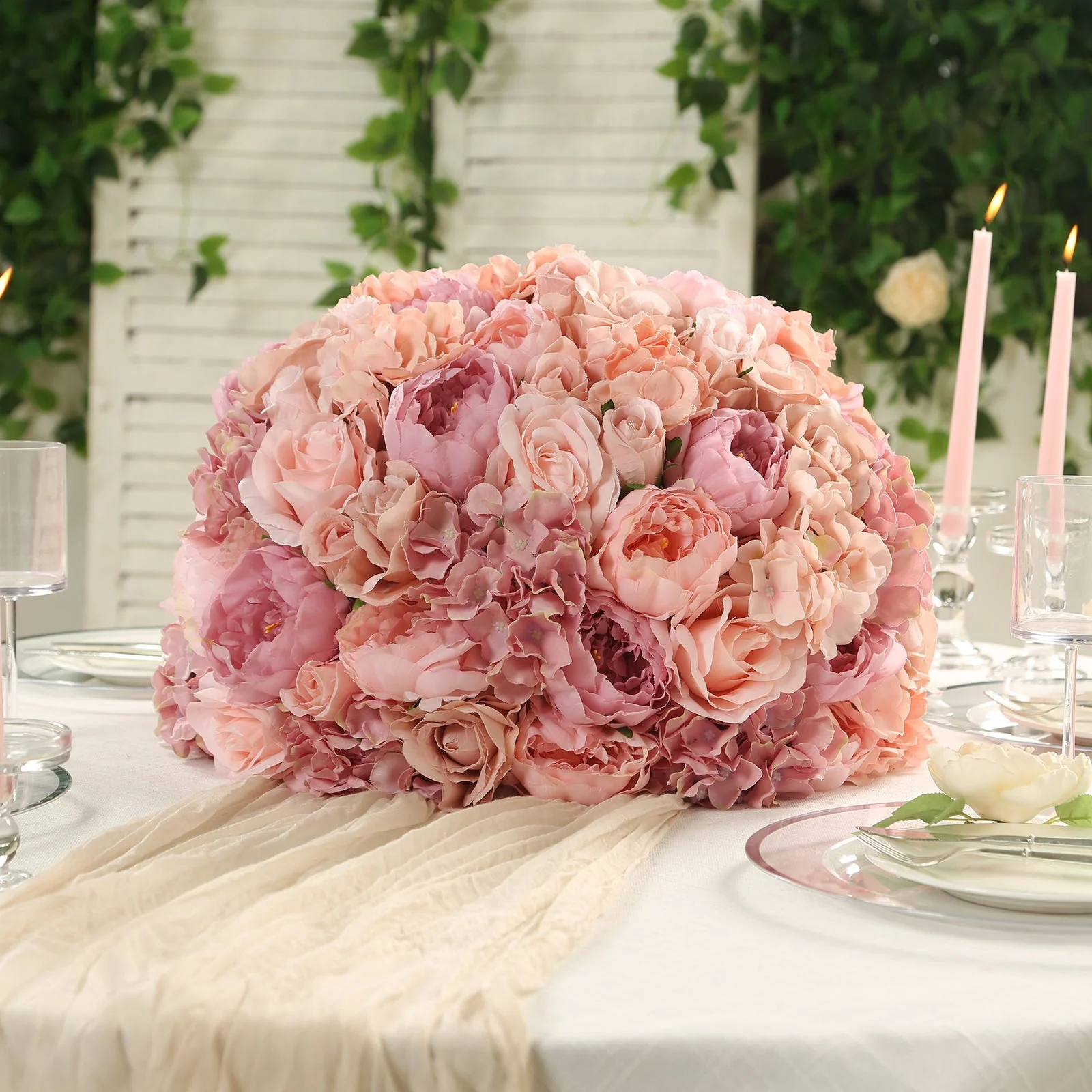 Pre-Arranged Artificial Rose Wedding Centerpiece, Blush Silk Rose Flower Balls Arrangement Table Decor - 20" - Image 2
