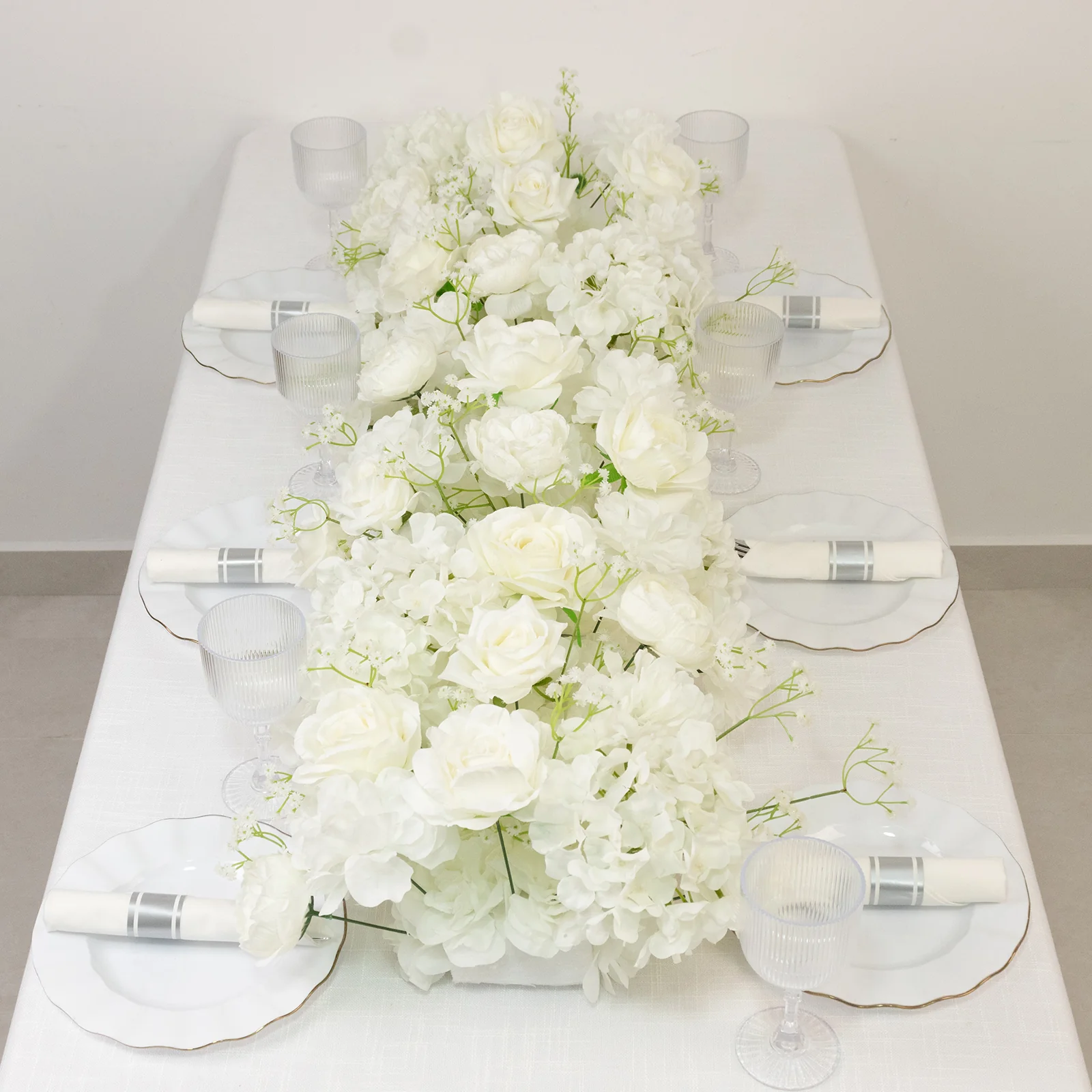 Pre-Arranged Silk Flower Runner 40"x16" – White Roses, Hydrangeas & Baby's Breath for Wedding Table & Arch Decor