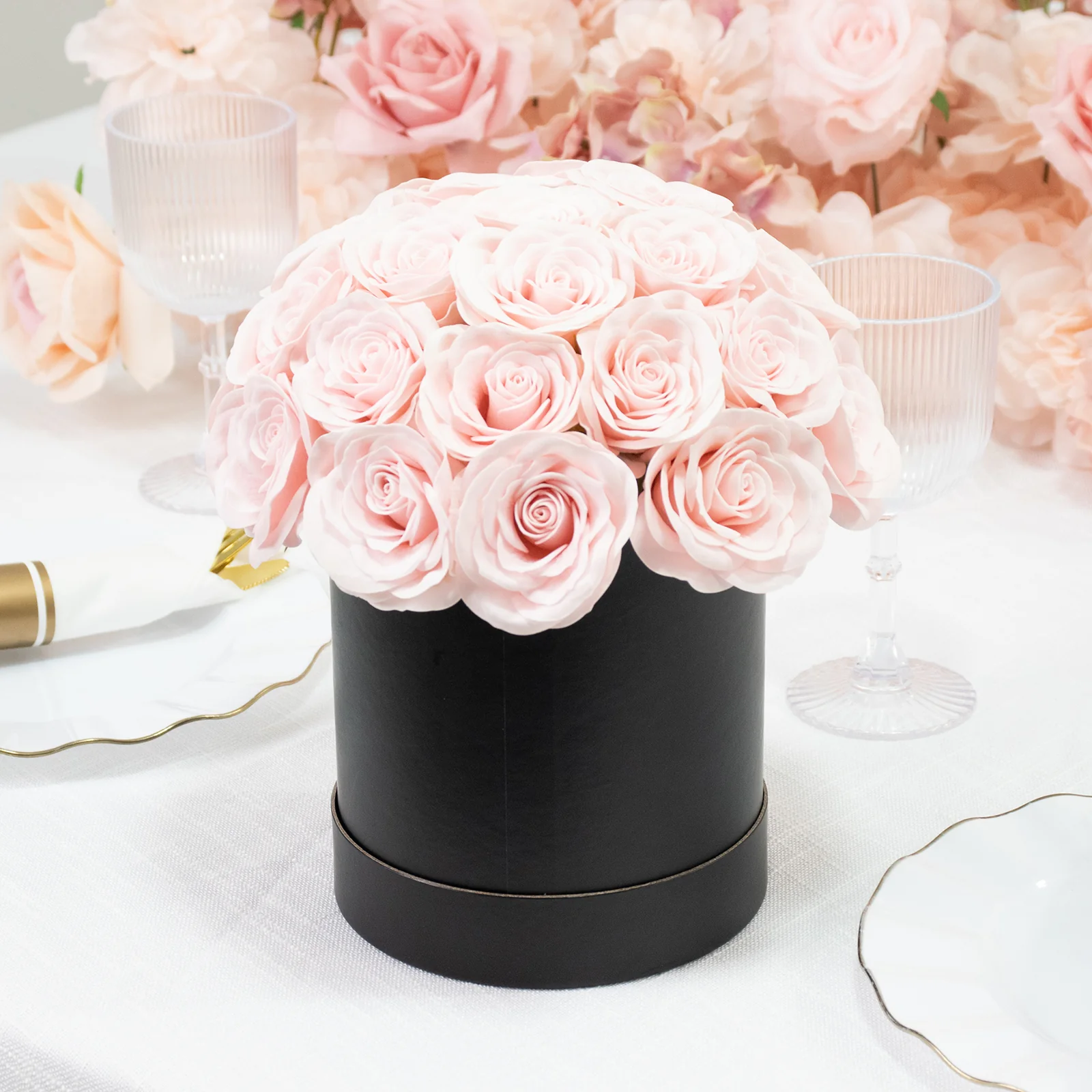 Prearranged Rose Centerpiece Arrangement, Blush 27pcs Roses with Black Round Gift Box - Image 6