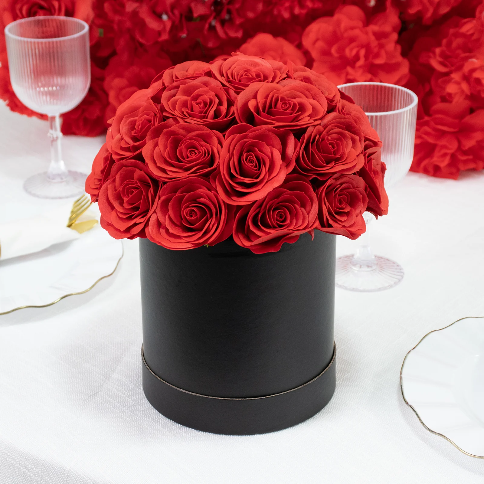 Prearranged Rose Centerpiece Arrangement, Red 27pcs Roses with Black Round Gift Box - Image 6