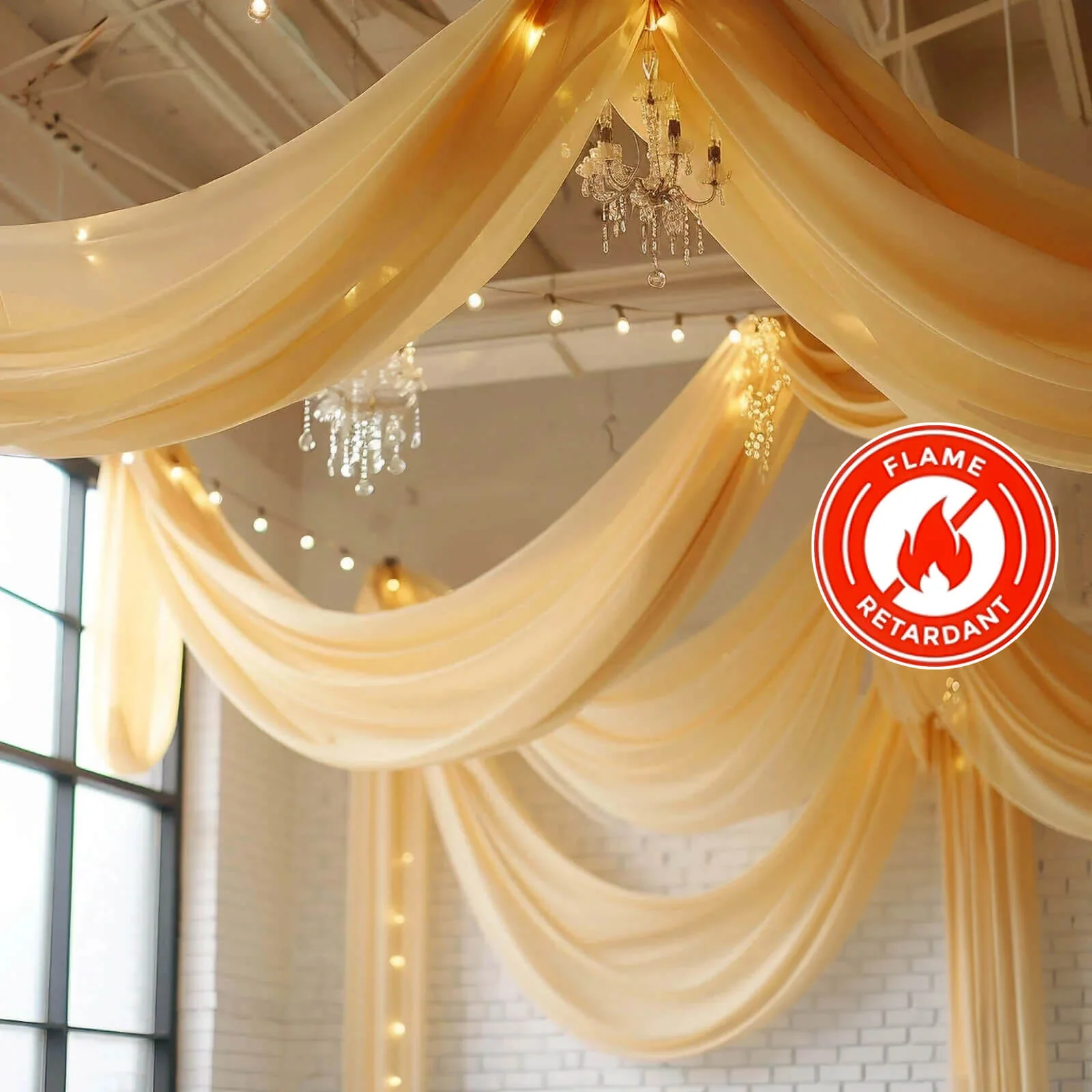 Champagne Chiffon Ceiling Drapery, Durable Flame Resistant Long Curtain Backdrop Panel With Rod Pocket 5ftx32ft