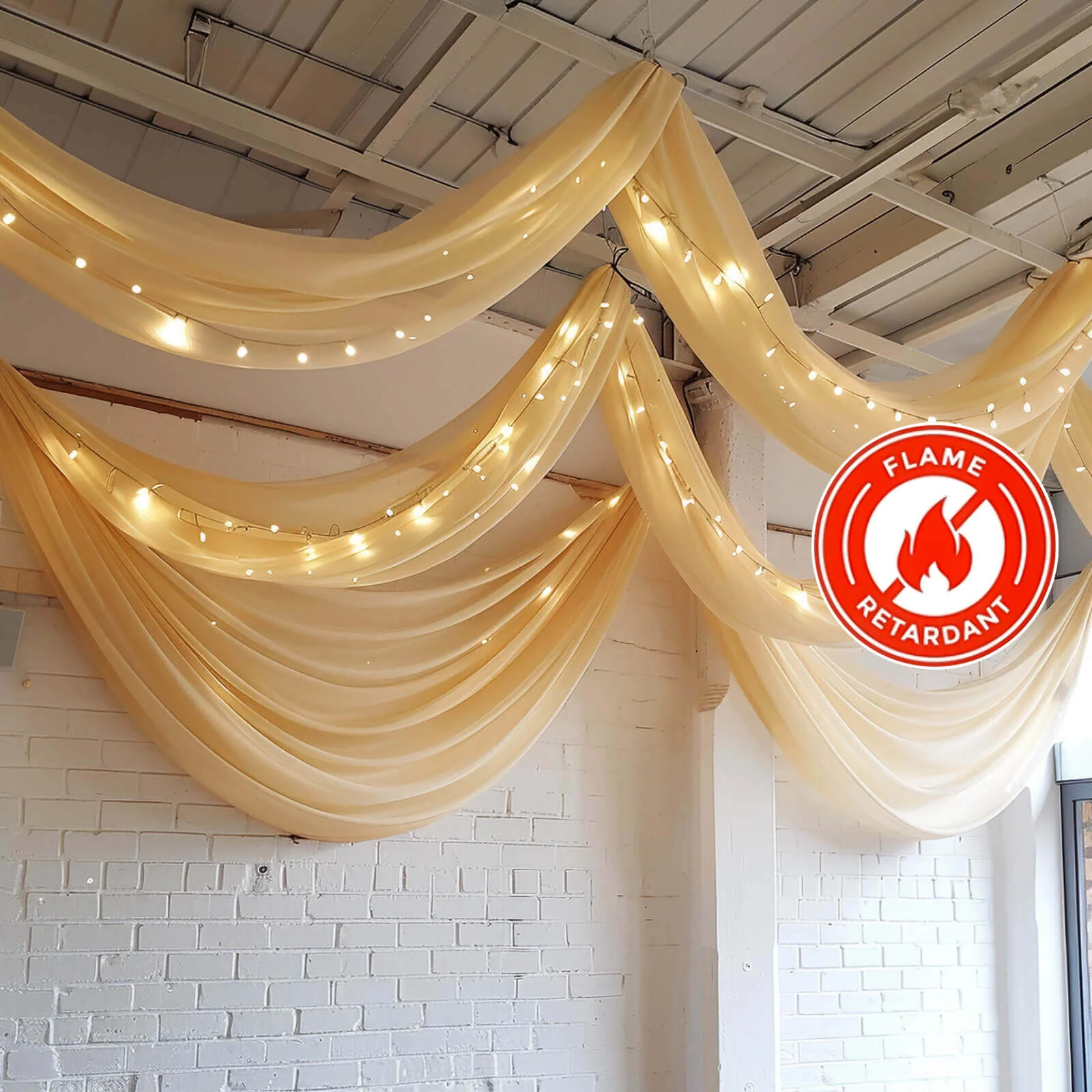 Champagne Chiffon Ceiling Drapery, Durable Flame Resistant Long Curtain Backdrop Panel With Rod Pocket 5ftx32ft - Image 5