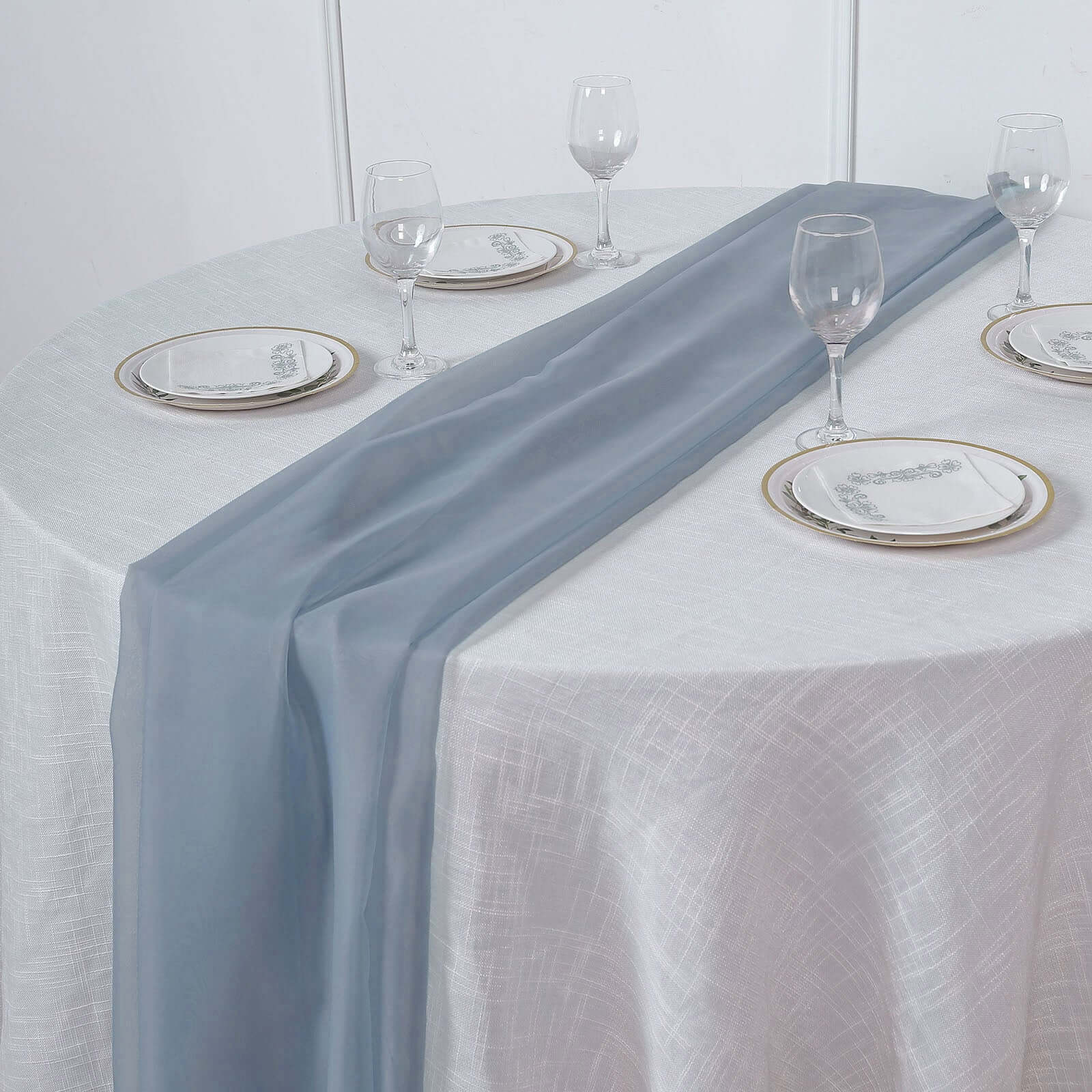 Chiffon Table Runner 6ft Dusty Blue - Lightweight Table Linen - Image 2