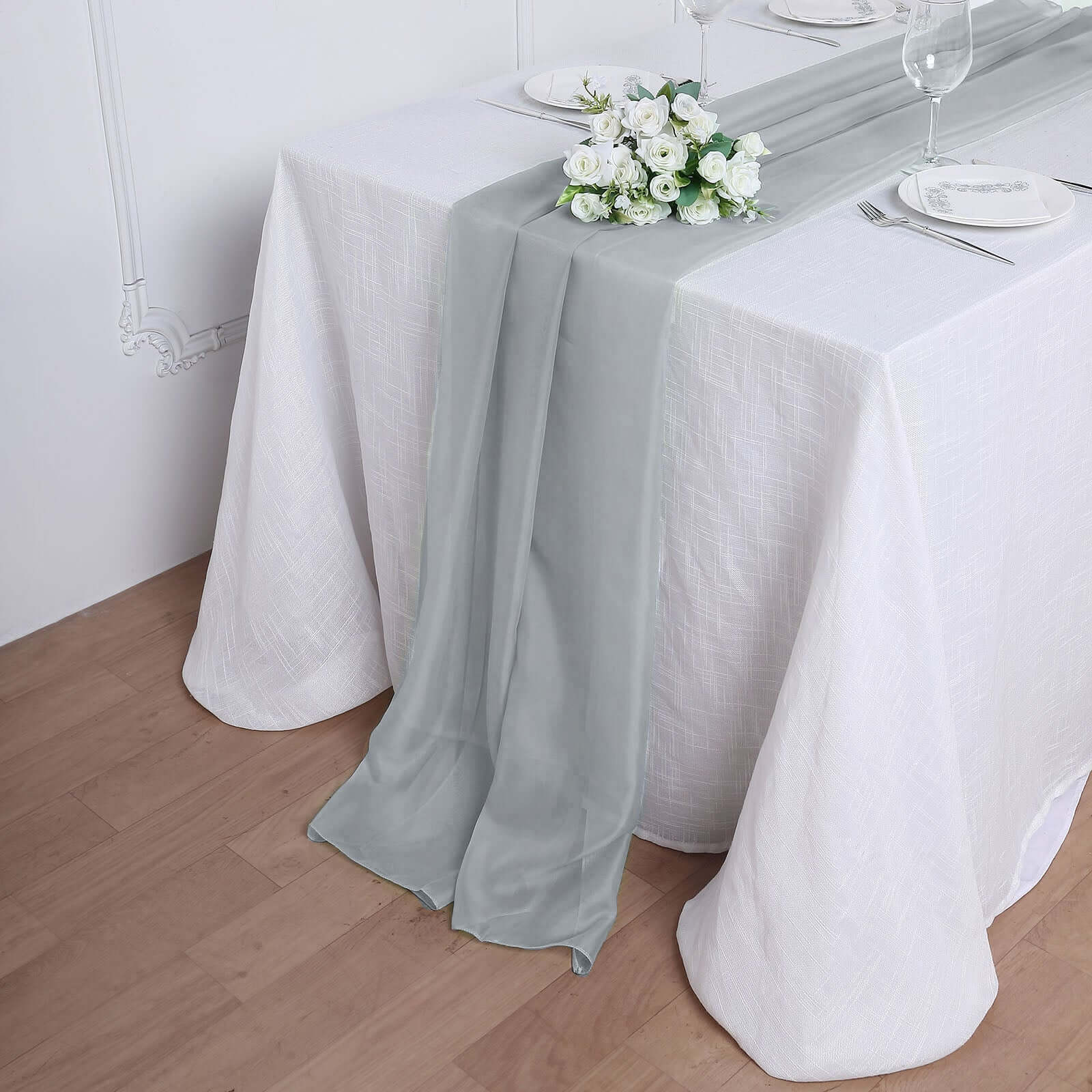 Chiffon Table Runner 6ft Silver - Lightweight Table Linen - Image 3