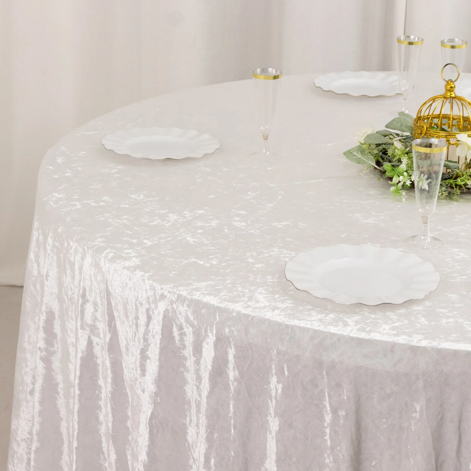 Premium Crushed Velvet Round Tablecloth 120" White - Seamless Soft & Graceful Reusable Table Cover - Image 6