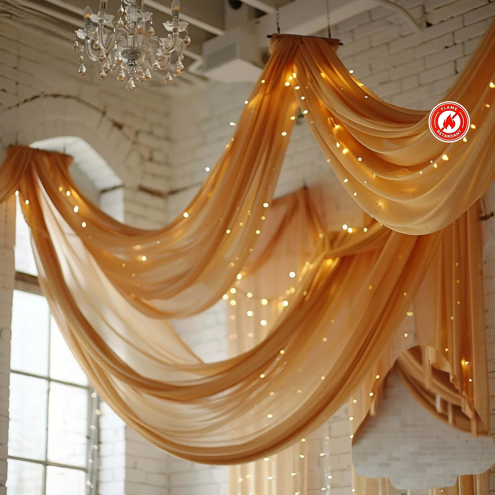Gold Chiffon Ceiling Drapery, Durable Flame Resistant Long Curtain Backdrop Panel With Rod Pocket 5ftx32ft - Image 5