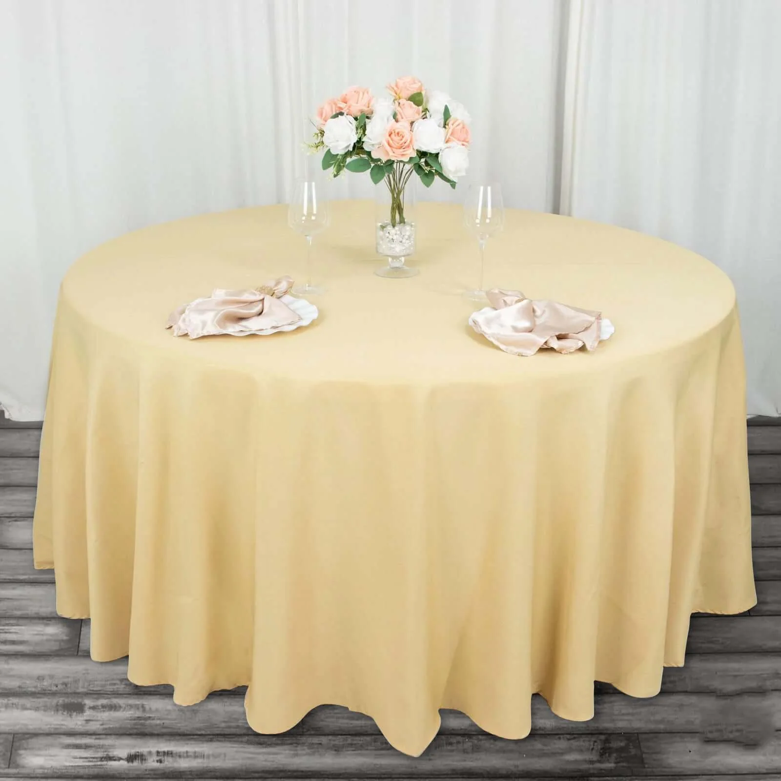 Premium Polyester Round Tablecloth 120" Champagne - Seamless 220GSM Table Cover - Image 7