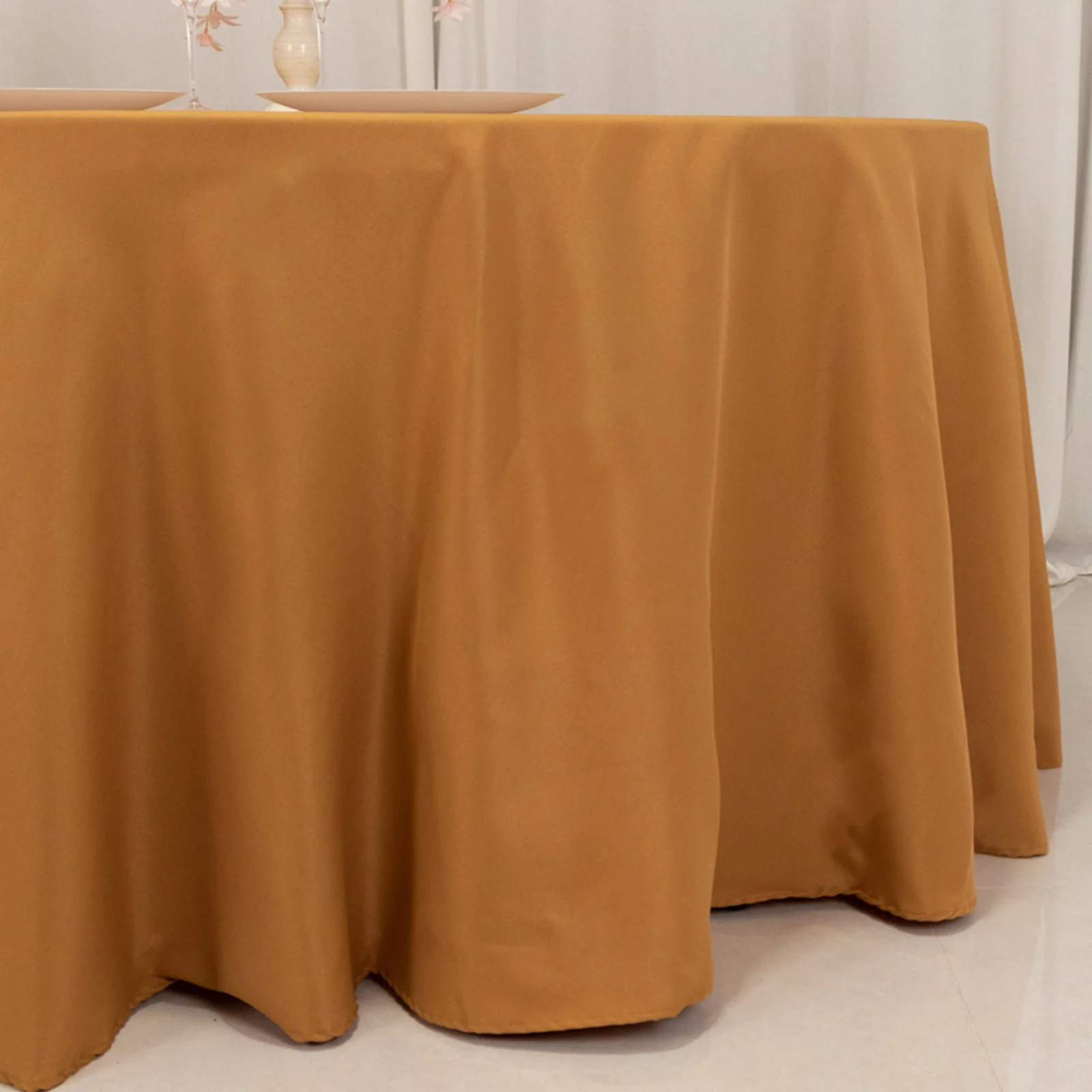 Premium Polyester Round Tablecloth 120" Gold - Seamless 220GSM Wrinkle-Resistant & Durable Table Cover - Image 2