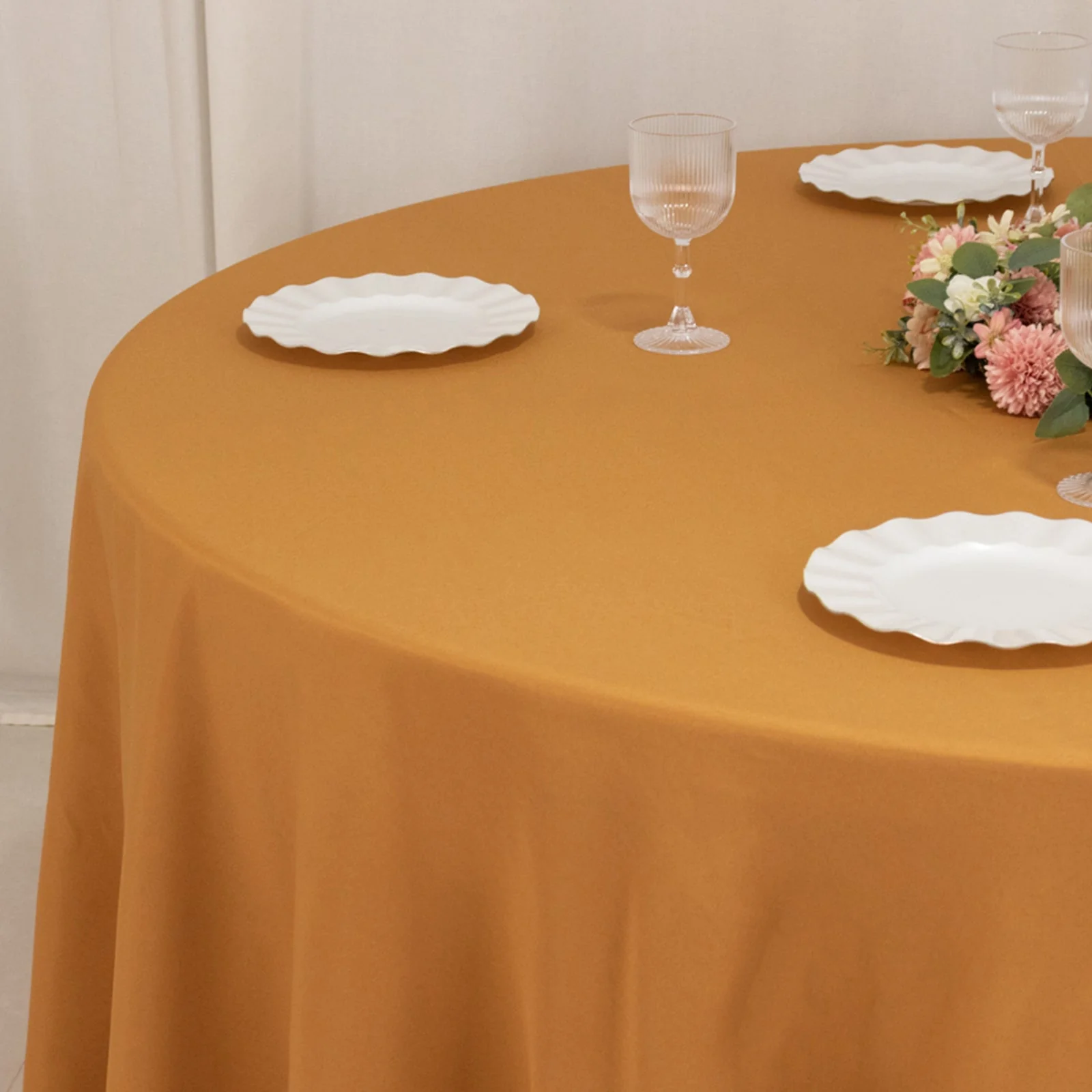 Premium Polyester Round Tablecloth 120" Gold - Seamless 220GSM Wrinkle-Resistant & Durable Table Cover - Image 7