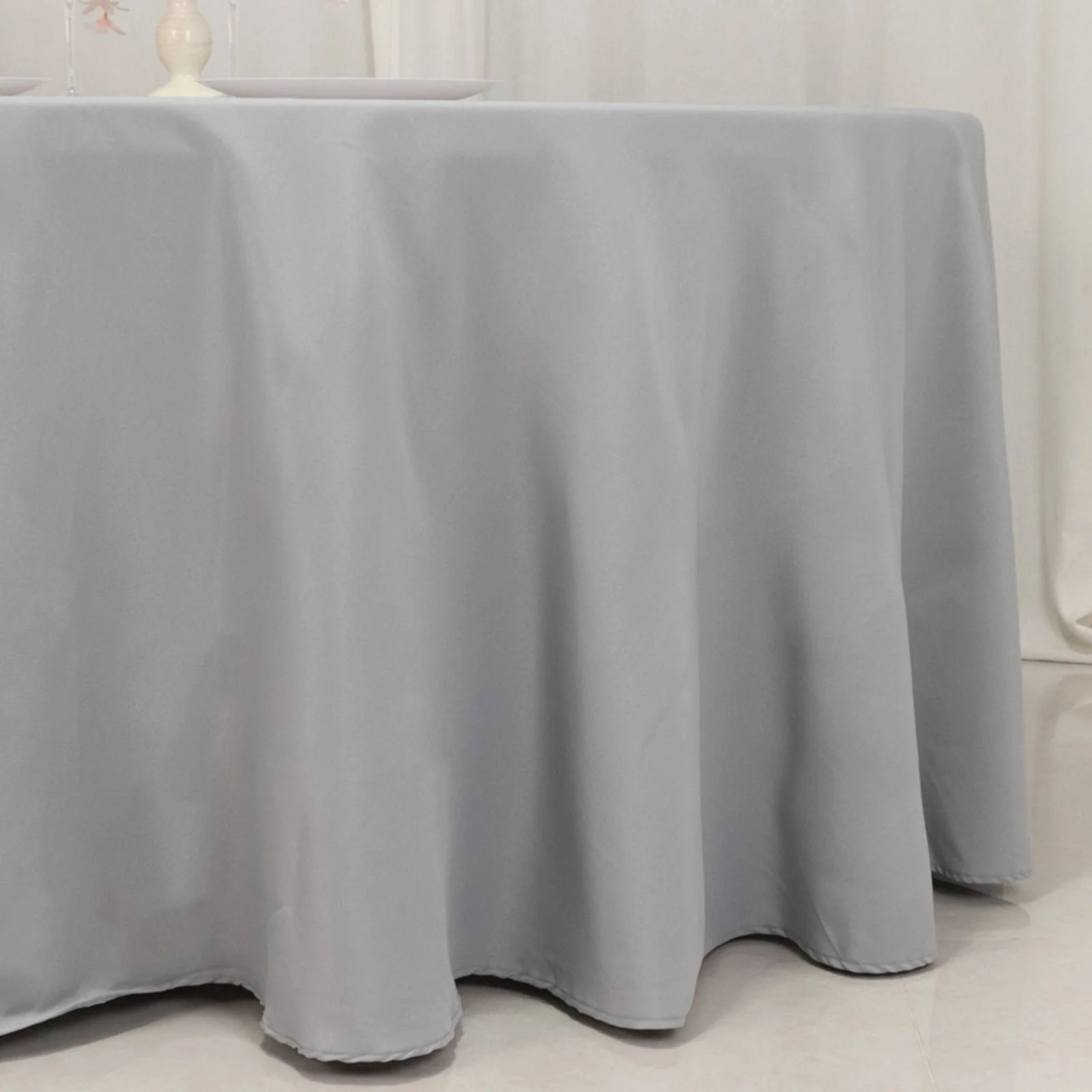 Premium Polyester Round Tablecloth 120" Silver - Seamless 220GSM Table Cover - Image 2
