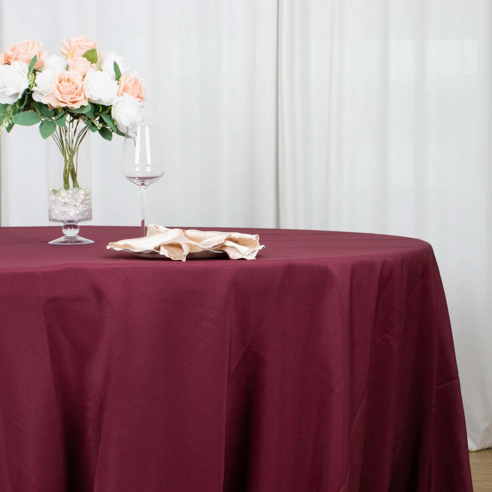 Premium Polyester Round Tablecloth 132" Burgundy - Seamless 220GSM Table Cover - Image 2
