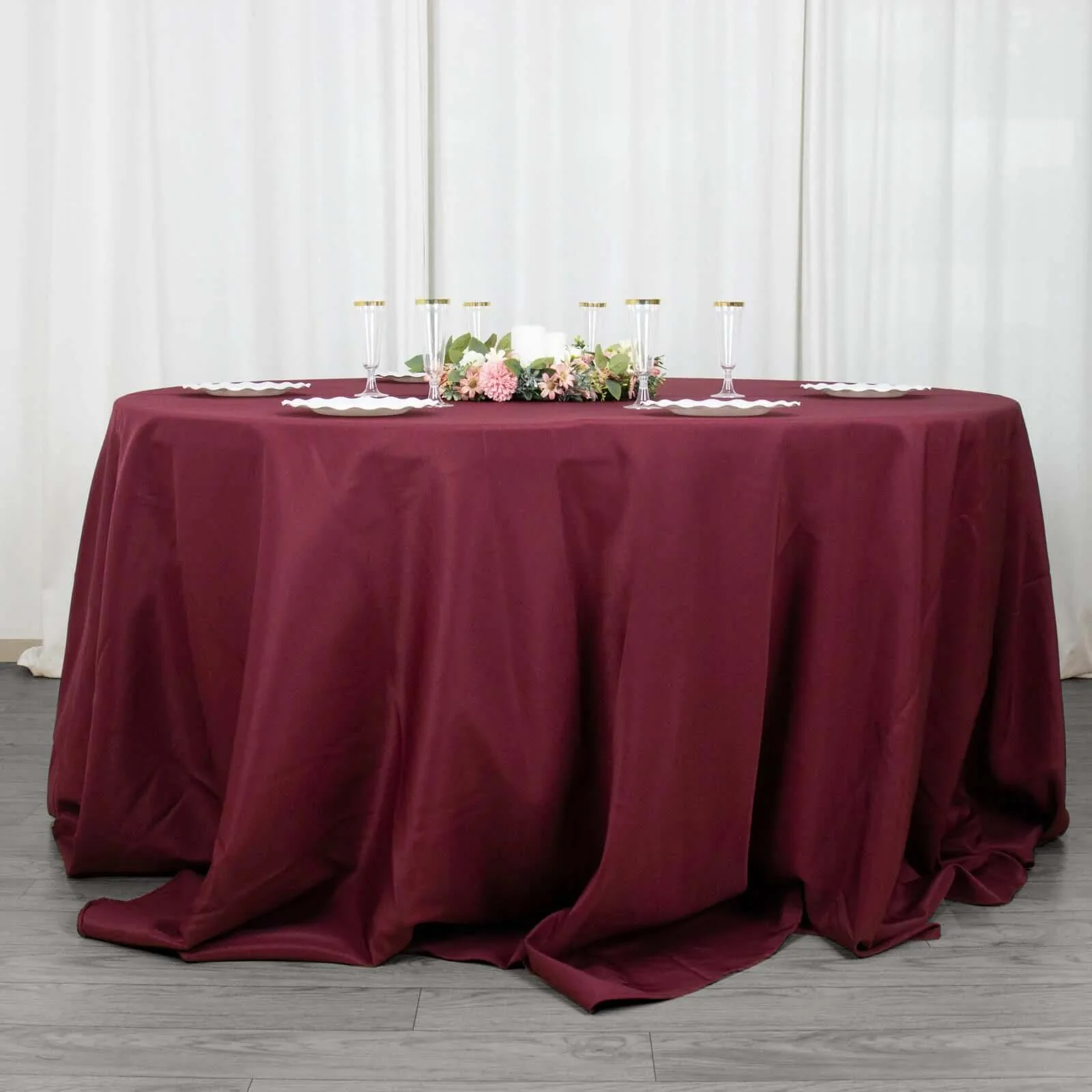 Premium Polyester Round Tablecloth 132" Burgundy - Seamless 220GSM Table Cover - Image 3