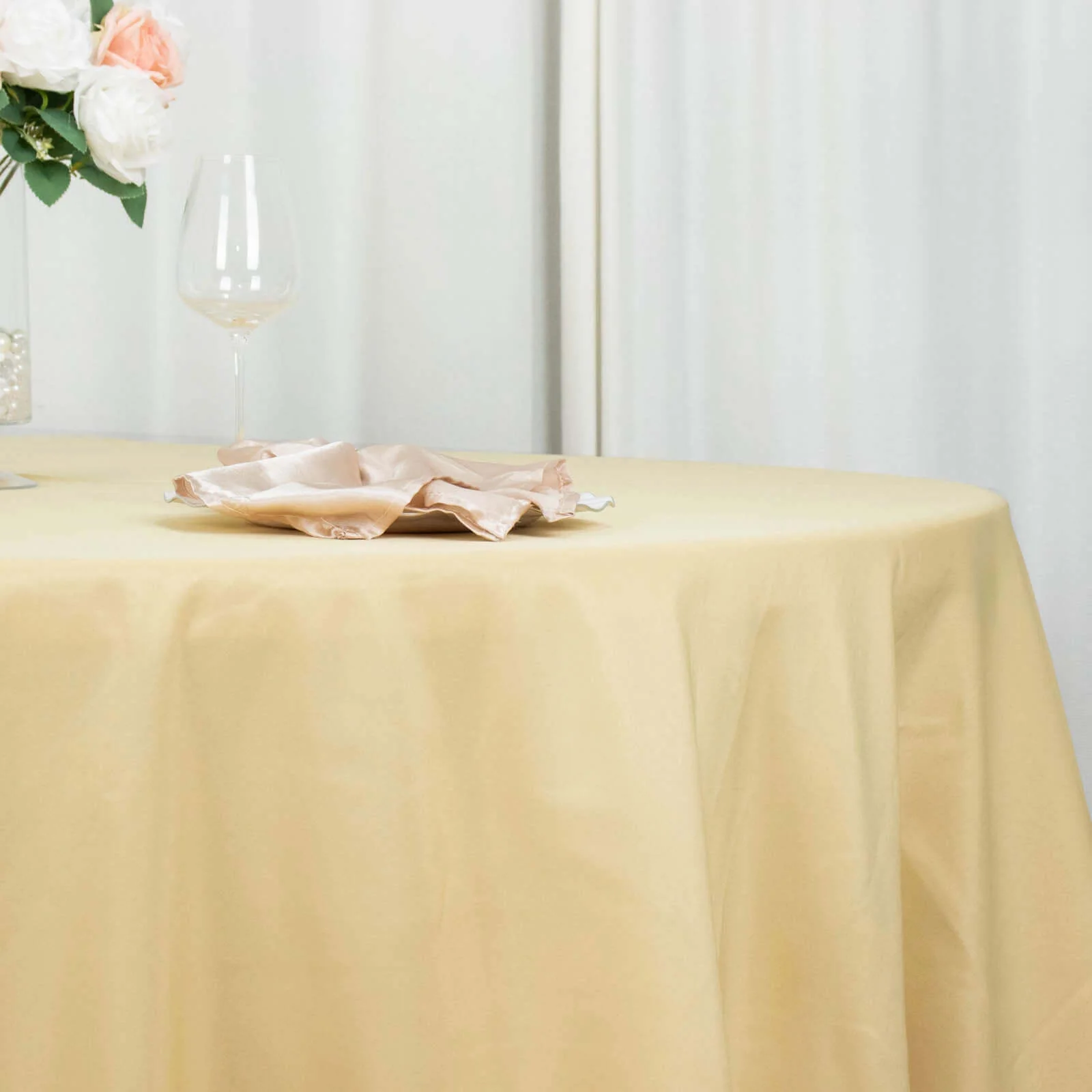 Premium Polyester Round Tablecloth 132" Champagne - Seamless 220GSM Table Cover - Image 2