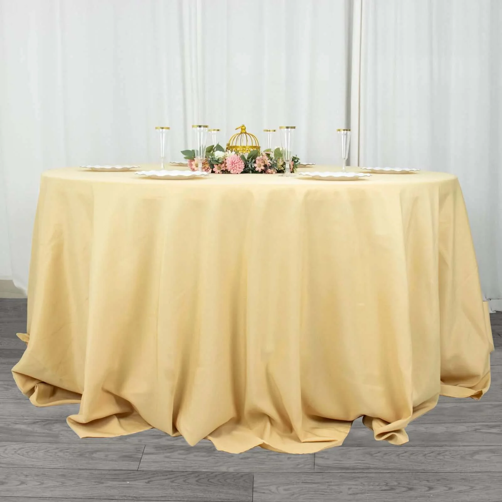 Premium Polyester Round Tablecloth 132" Champagne - Seamless 220GSM Table Cover - Image 3